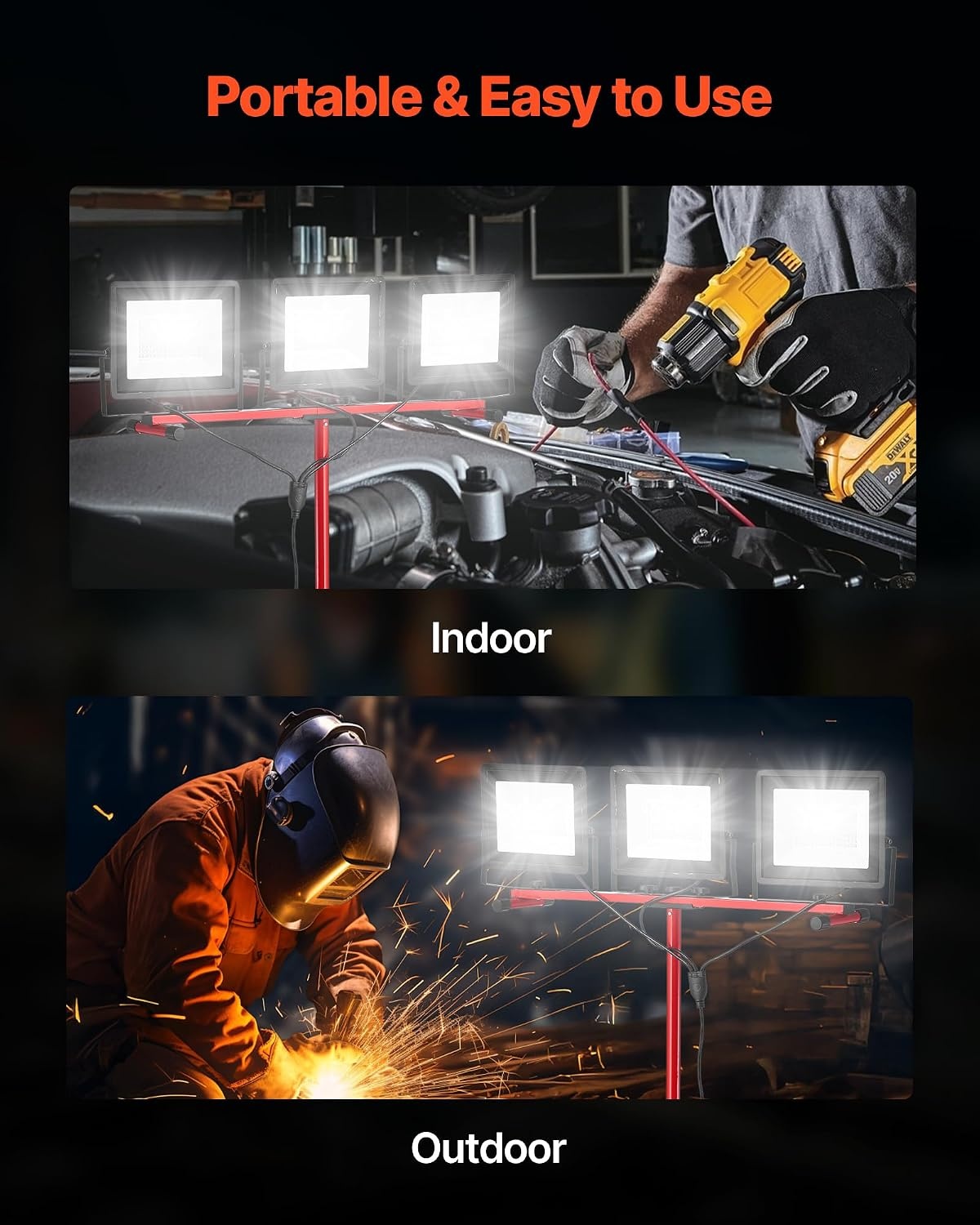 image:imageVEVOR LED Work Light with Stand 132Ah Rechargeable Cordless Camping Light with 3 Lamp Heads Detachable Tripod Stand 2200 Lumens 3000K6500K Dimmable Portable Construction Lighting for Job Site21000 LM Corded 1 Pack