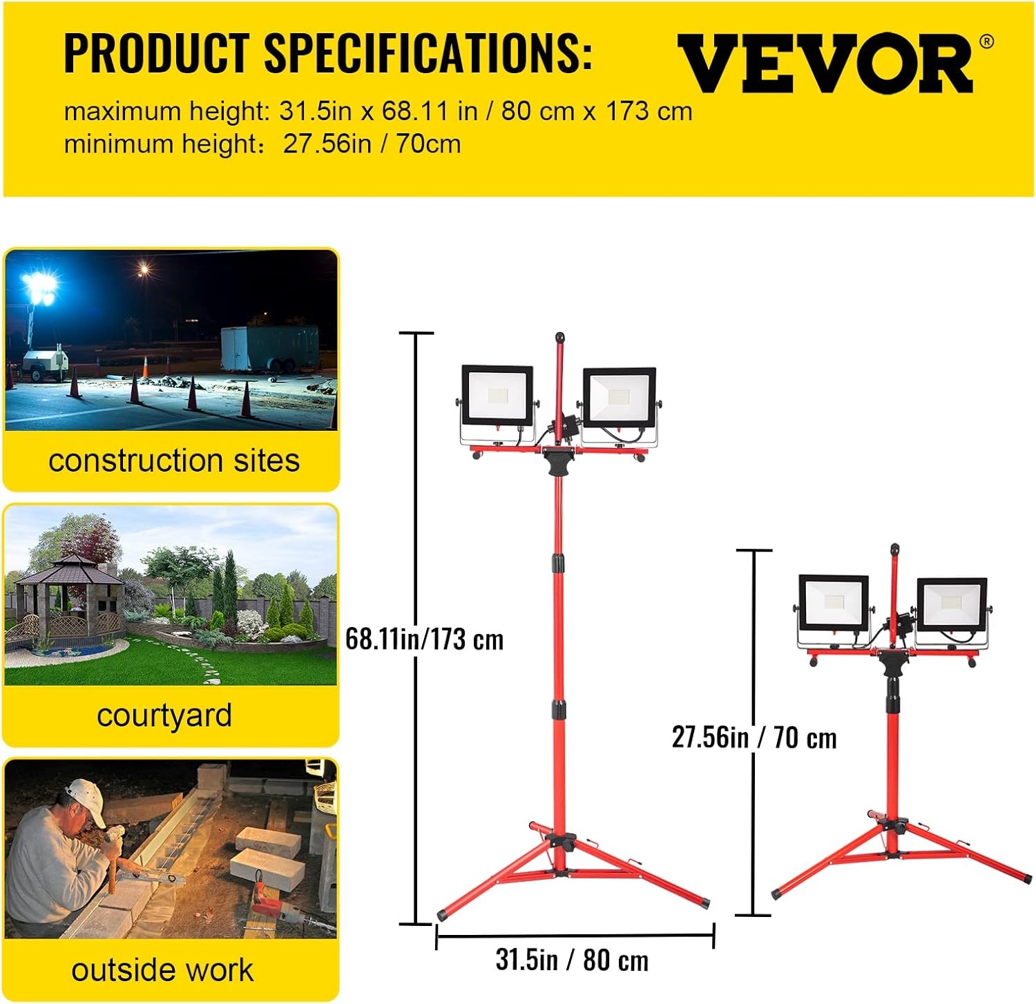 image:imageVEVOR LED Work Light with Stand 132Ah Rechargeable Cordless Camping Light with 3 Lamp Heads Detachable Tripod Stand 2200 Lumens 3000K6500K Dimmable Portable Construction Lighting for Job Site20000 LM Corded 1 Pack