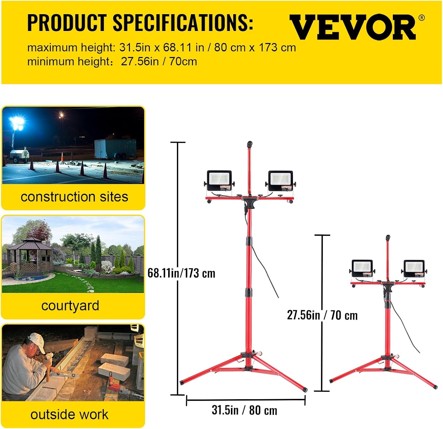 image:imageVEVOR LED Work Light with Stand 132Ah Rechargeable Cordless Camping Light with 3 Lamp Heads Detachable Tripod Stand 2200 Lumens 3000K6500K Dimmable Portable Construction Lighting for Job Site5000 LM Corded 1 Pack