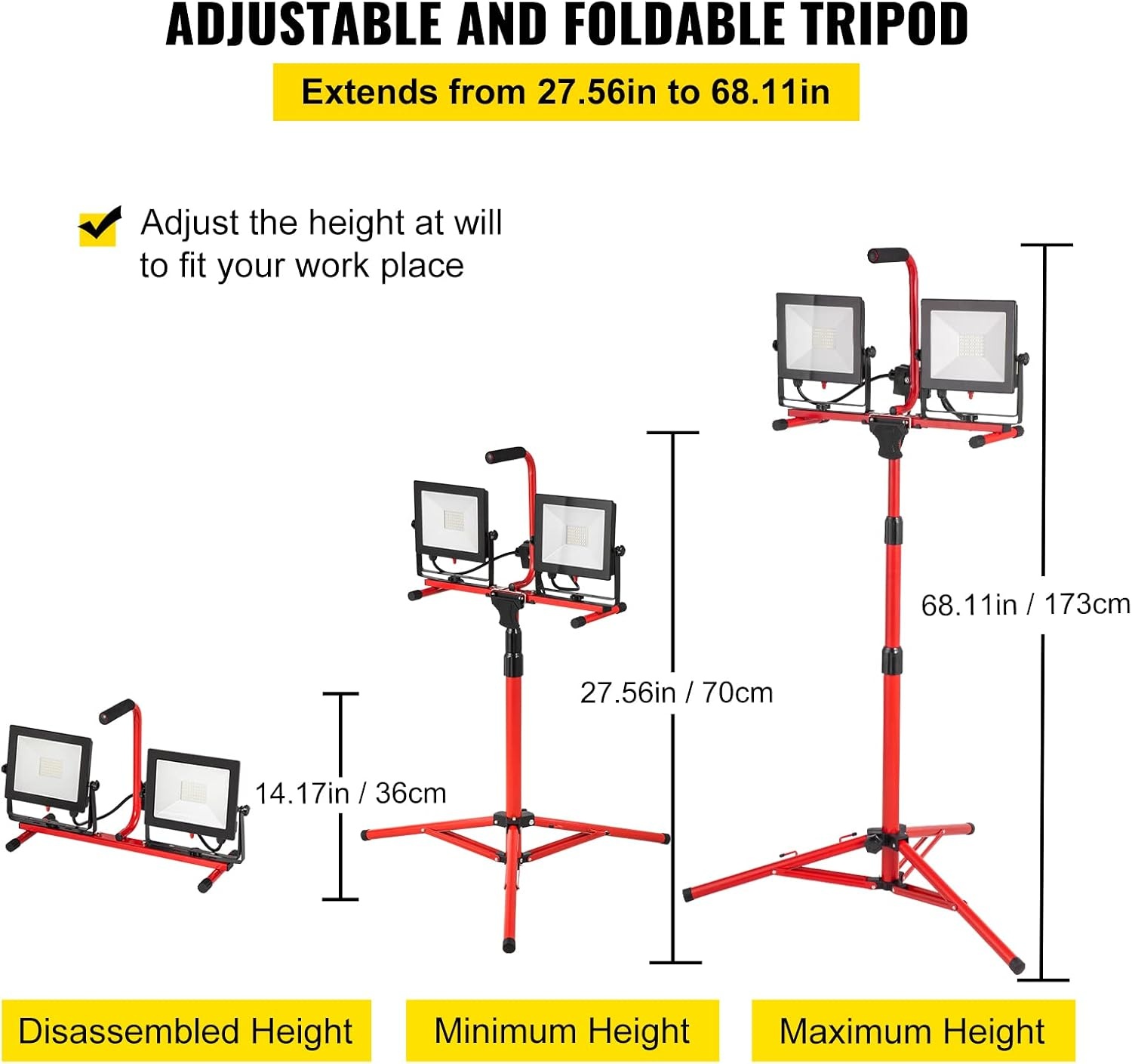 image:imageVEVOR LED Work Light with Stand 132Ah Rechargeable Cordless Camping Light with 3 Lamp Heads Detachable Tripod Stand 2200 Lumens 3000K6500K Dimmable Portable Construction Lighting for Job Site20000 LM Corded 1 Pack