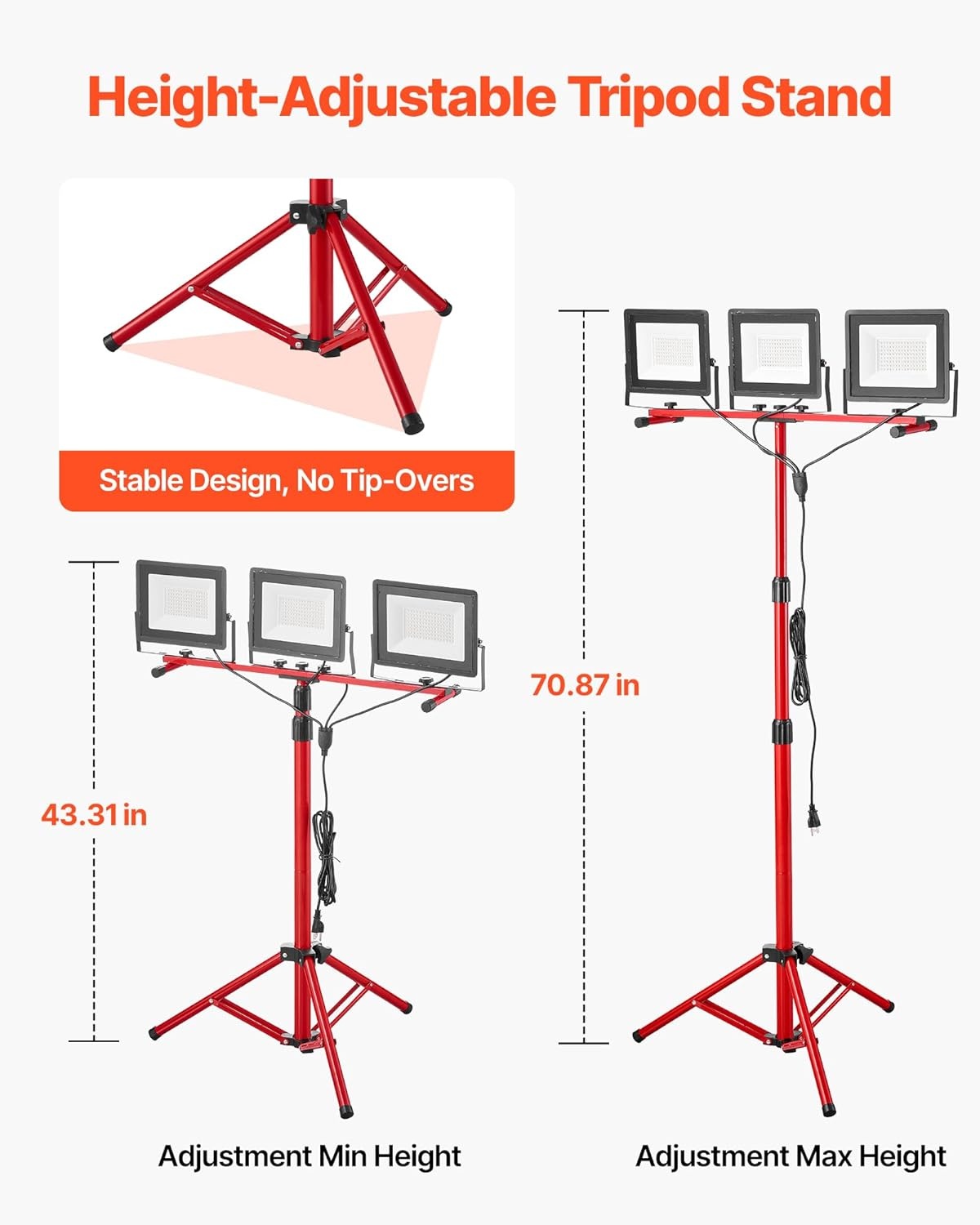 image:imageVEVOR LED Work Light with Stand 132Ah Rechargeable Cordless Camping Light with 3 Lamp Heads Detachable Tripod Stand 2200 Lumens 3000K6500K Dimmable Portable Construction Lighting for Job Site21000 LM Corded 1 Pack