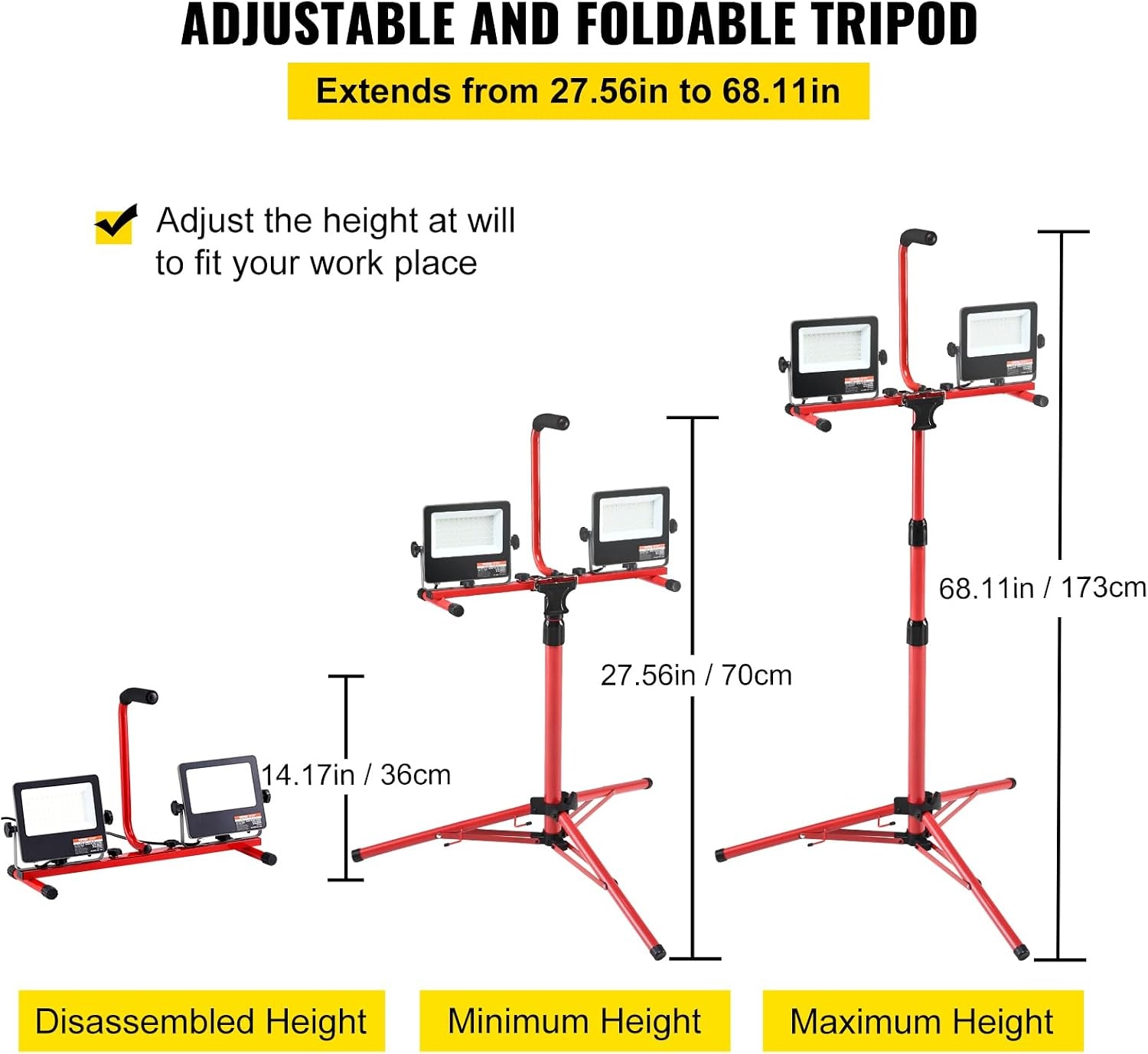 image:imageVEVOR LED Work Light with Stand 132Ah Rechargeable Cordless Camping Light with 3 Lamp Heads Detachable Tripod Stand 2200 Lumens 3000K6500K Dimmable Portable Construction Lighting for Job Site10000 LM Corded 2 Pack