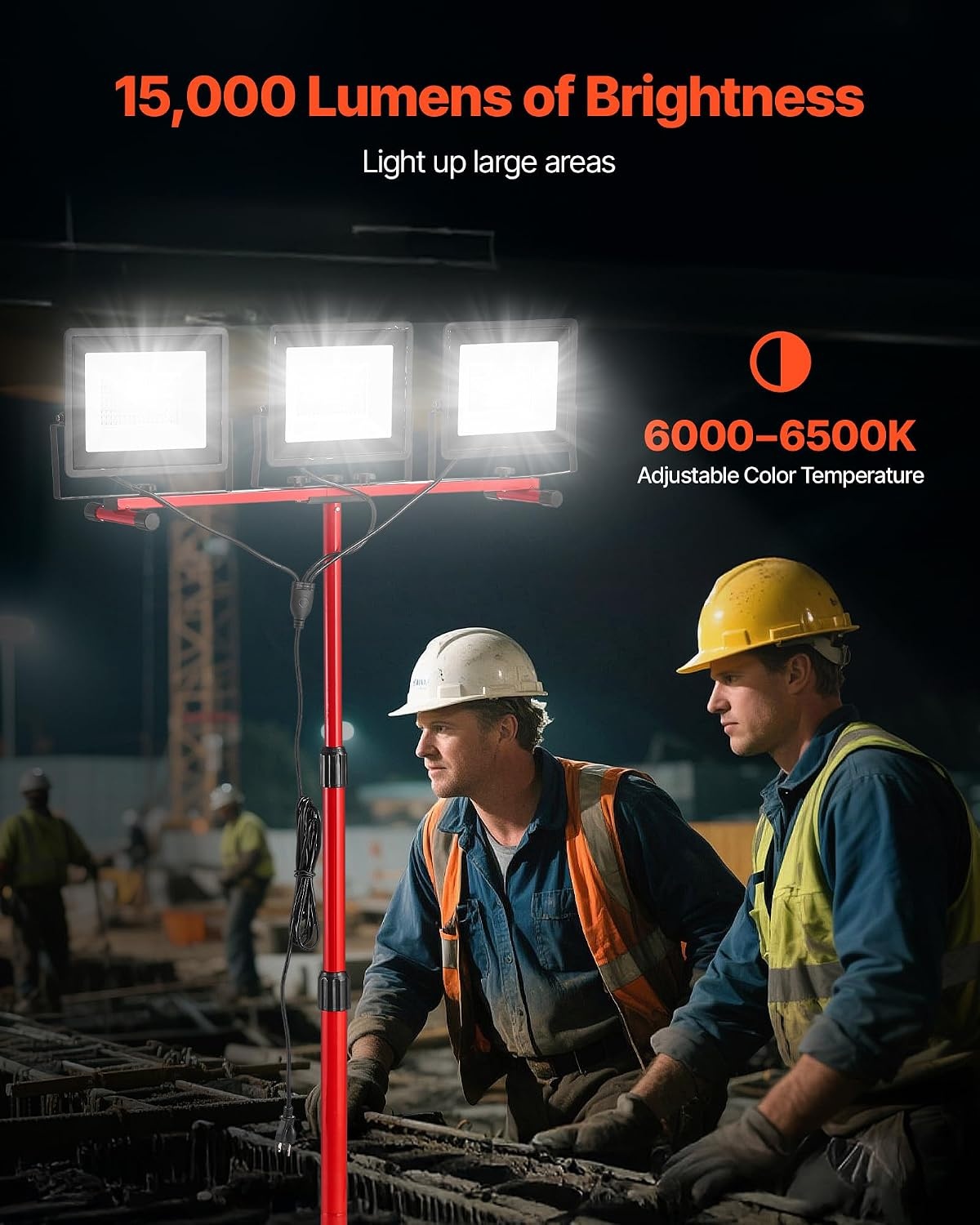 image:imageVEVOR LED Work Light with Stand 132Ah Rechargeable Cordless Camping Light with 3 Lamp Heads Detachable Tripod Stand 2200 Lumens 3000K6500K Dimmable Portable Construction Lighting for Job Site15000 LM Corded 1 Pack