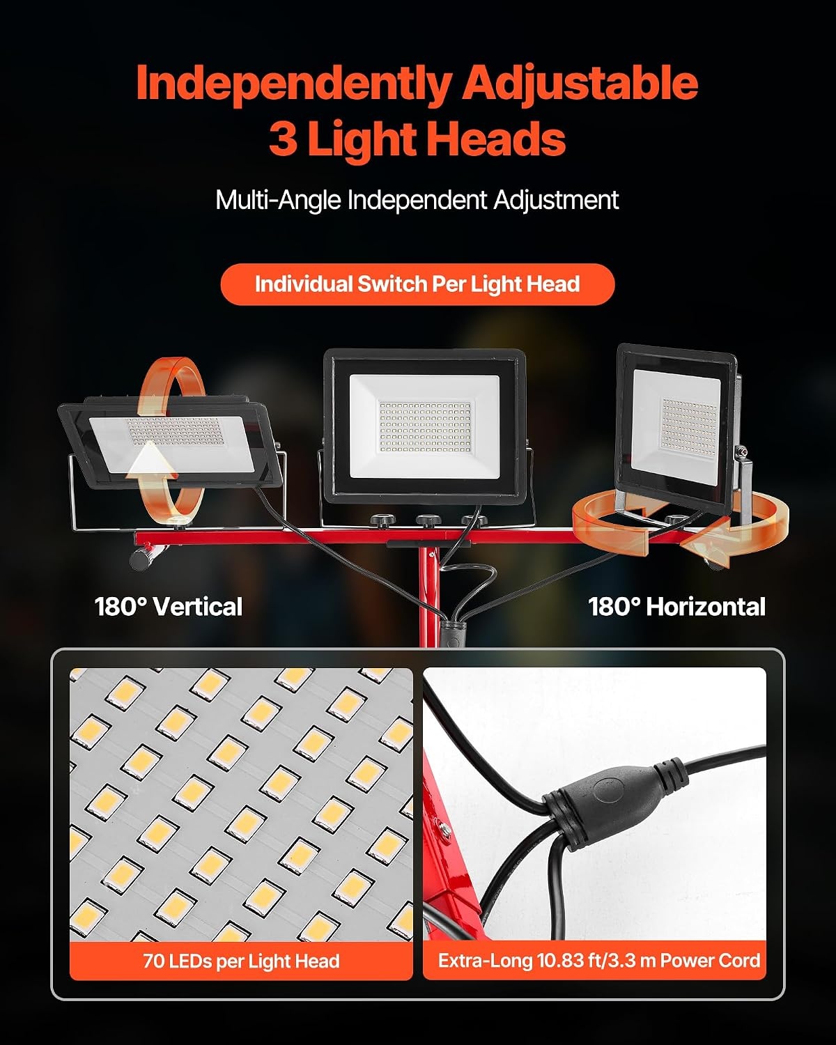 image:imageVEVOR LED Work Light with Stand 132Ah Rechargeable Cordless Camping Light with 3 Lamp Heads Detachable Tripod Stand 2200 Lumens 3000K6500K Dimmable Portable Construction Lighting for Job Site15000 LM Corded 1 Pack