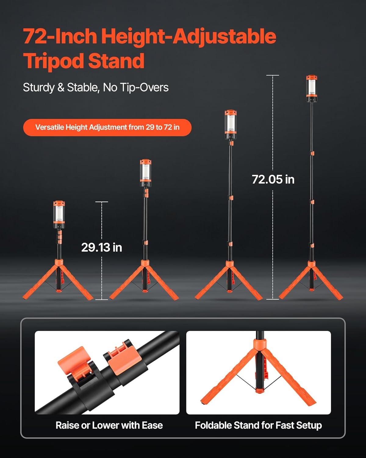 image:imageVEVOR LED Work Light with Stand 132Ah Rechargeable Cordless Camping Light with 3 Lamp Heads Detachable Tripod Stand 2200 Lumens 3000K6500K Dimmable Portable Construction Lighting for Job Site2200 LM 8Ah 1 Pack
