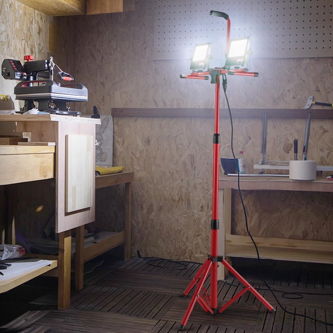 image:imageVEVOR LED Work Light with Stand 132Ah Rechargeable Cordless Camping Light with 3 Lamp Heads Detachable Tripod Stand 2200 Lumens 3000K6500K Dimmable Portable Construction Lighting for Job Site10000 LM Corded 2 Pack
