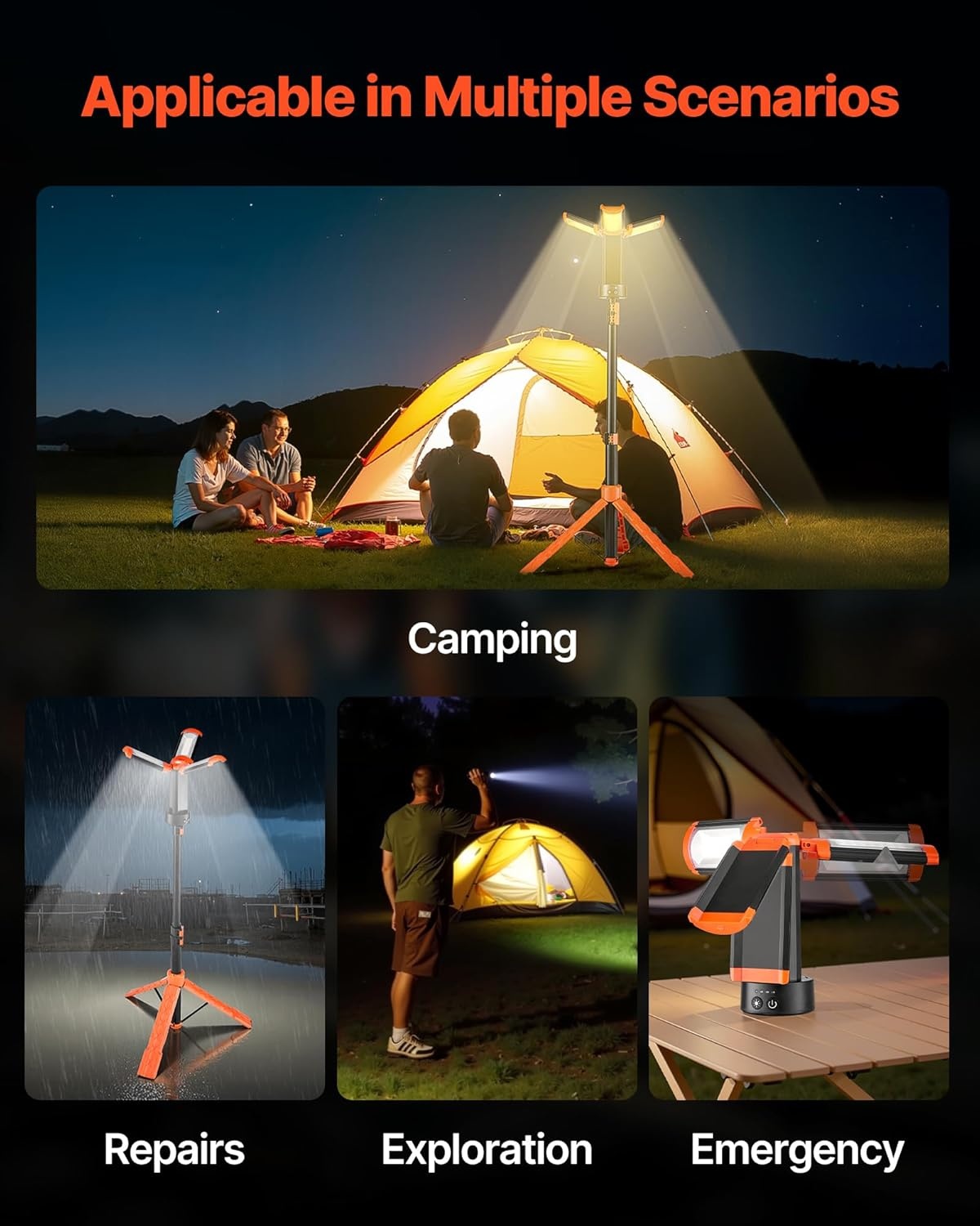 image:imageVEVOR LED Work Light with Stand 132Ah Rechargeable Cordless Camping Light with 3 Lamp Heads Detachable Tripod Stand 2200 Lumens 3000K6500K Dimmable Portable Construction Lighting for Job Site2200 LM 8Ah 1 Pack