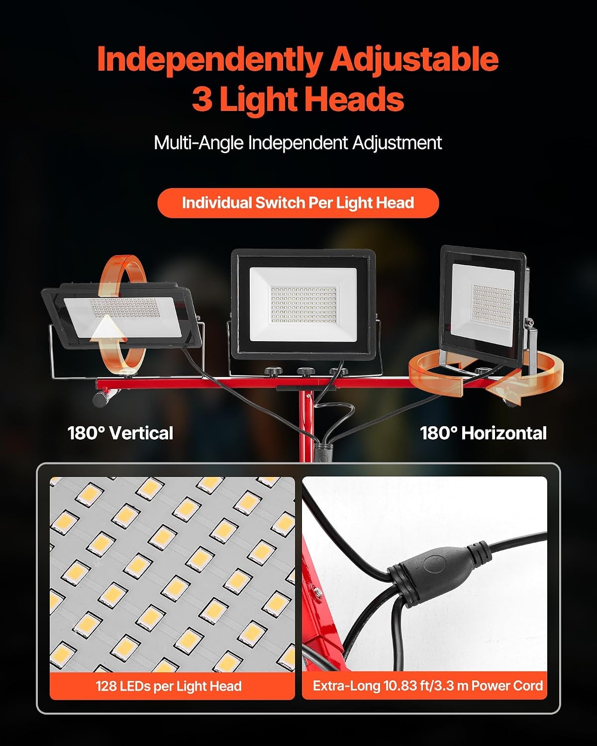 image:imageVEVOR LED Work Light with Stand 132Ah Rechargeable Cordless Camping Light with 3 Lamp Heads Detachable Tripod Stand 2200 Lumens 3000K6500K Dimmable Portable Construction Lighting for Job Site21000 LM Corded 1 Pack