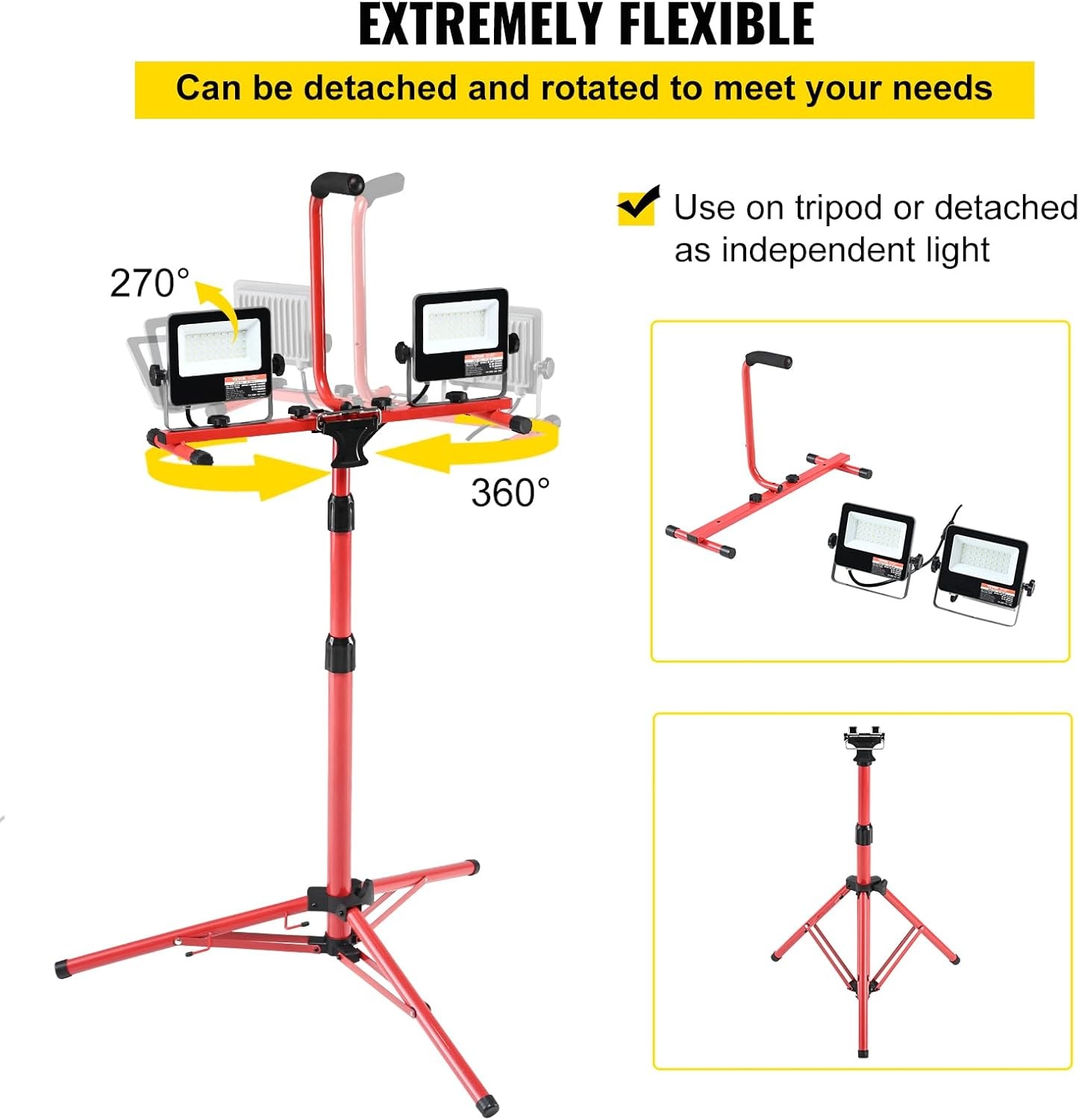 image:imageVEVOR LED Work Light with Stand 132Ah Rechargeable Cordless Camping Light with 3 Lamp Heads Detachable Tripod Stand 2200 Lumens 3000K6500K Dimmable Portable Construction Lighting for Job Site5000 LM Corded 1 Pack