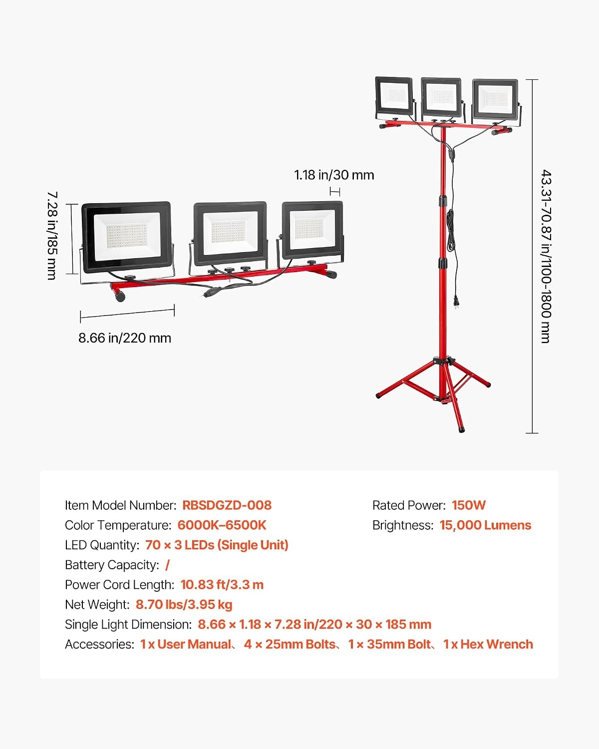 image:imageVEVOR LED Work Light with Stand 132Ah Rechargeable Cordless Camping Light with 3 Lamp Heads Detachable Tripod Stand 2200 Lumens 3000K6500K Dimmable Portable Construction Lighting for Job Site15000 LM Corded 1 Pack