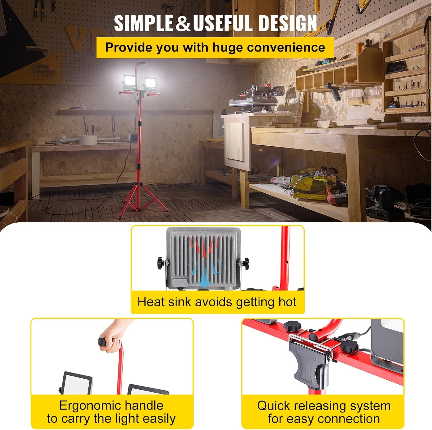 image:imageVEVOR LED Work Light with Stand 132Ah Rechargeable Cordless Camping Light with 3 Lamp Heads Detachable Tripod Stand 2200 Lumens 3000K6500K Dimmable Portable Construction Lighting for Job Site10000 LM Corded 2 Pack