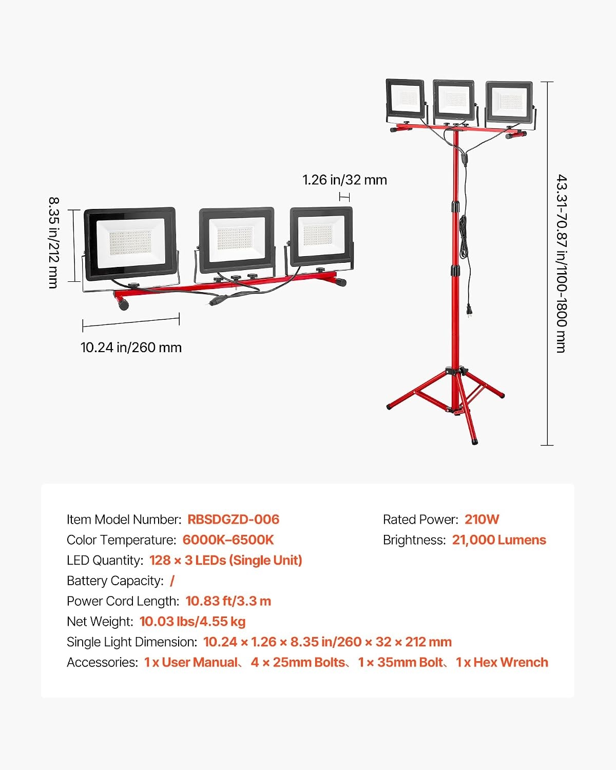 image:imageVEVOR LED Work Light with Stand 132Ah Rechargeable Cordless Camping Light with 3 Lamp Heads Detachable Tripod Stand 2200 Lumens 3000K6500K Dimmable Portable Construction Lighting for Job Site21000 LM Corded 1 Pack