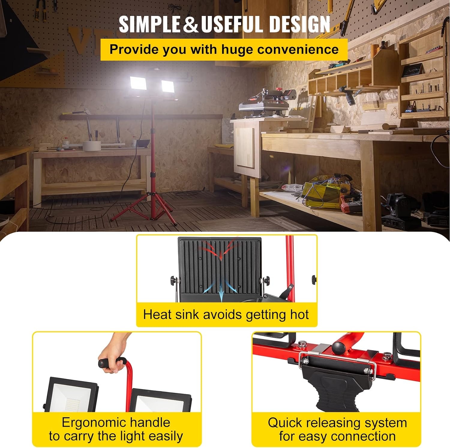 image:imageVEVOR LED Work Light with Stand 132Ah Rechargeable Cordless Camping Light with 3 Lamp Heads Detachable Tripod Stand 2200 Lumens 3000K6500K Dimmable Portable Construction Lighting for Job Site20000 LM Corded 1 Pack