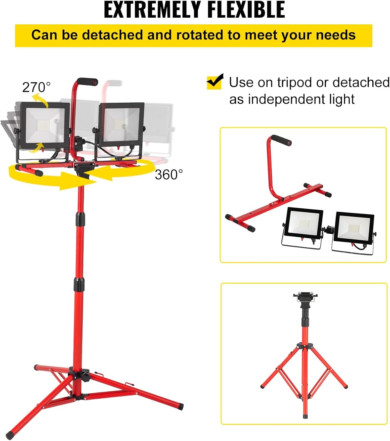 image:imageVEVOR LED Work Light with Stand 132Ah Rechargeable Cordless Camping Light with 3 Lamp Heads Detachable Tripod Stand 2200 Lumens 3000K6500K Dimmable Portable Construction Lighting for Job Site20000 LM Corded 1 Pack