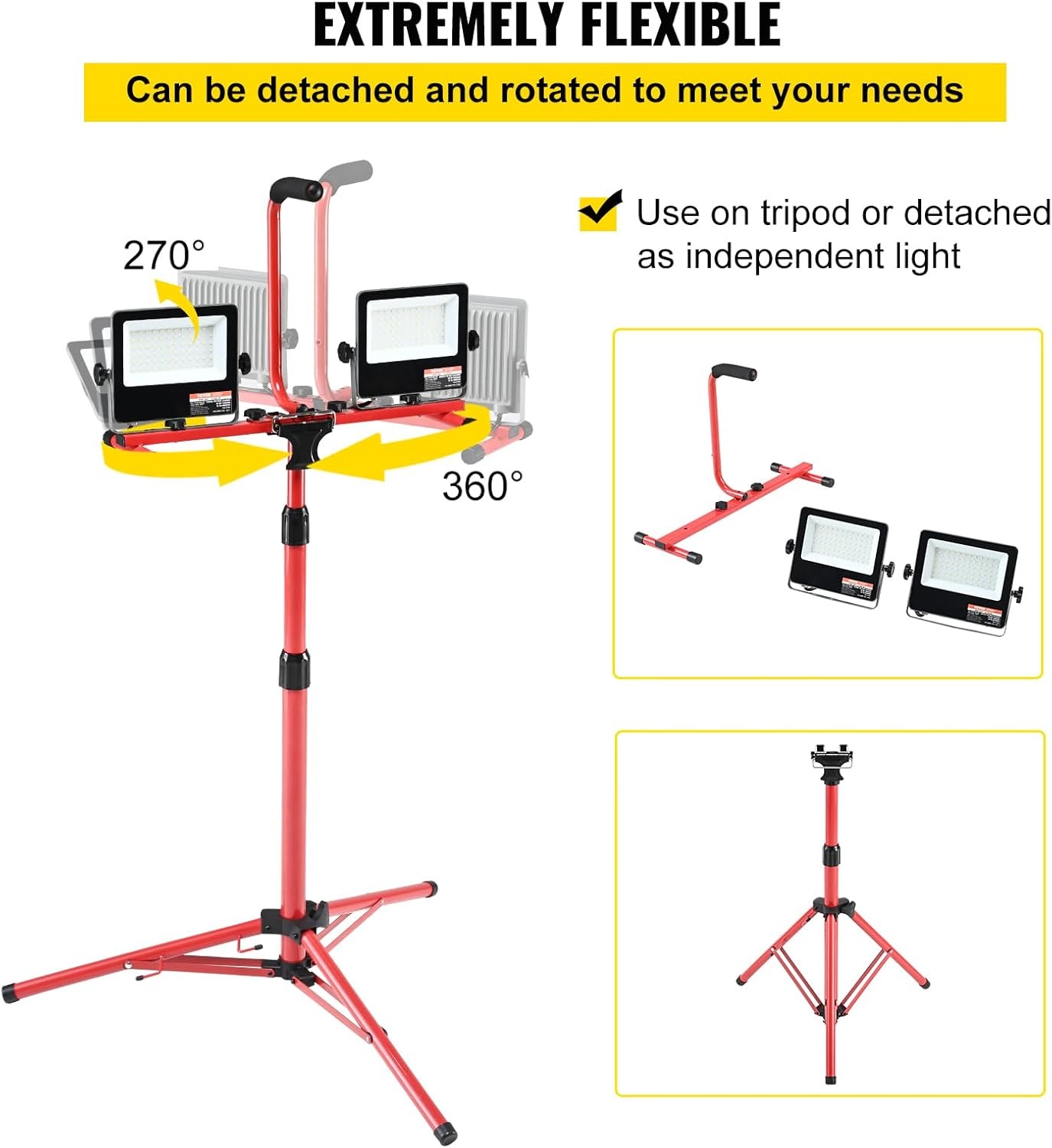 image:imageVEVOR LED Work Light with Stand 132Ah Rechargeable Cordless Camping Light with 3 Lamp Heads Detachable Tripod Stand 2200 Lumens 3000K6500K Dimmable Portable Construction Lighting for Job Site10000 LM Corded 1 Pack