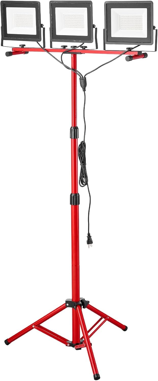 image:imageVEVOR LED Work Light with Stand 132Ah Rechargeable Cordless Camping Light with 3 Lamp Heads Detachable Tripod Stand 2200 Lumens 3000K6500K Dimmable Portable Construction Lighting for Job Site21000 LM Corded 1 Pack