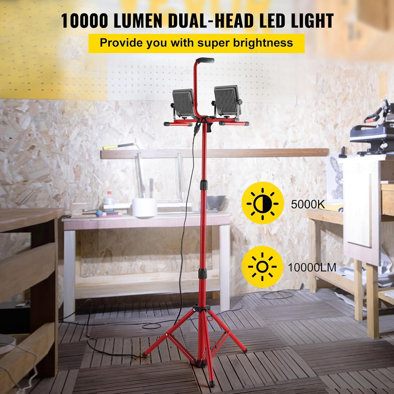 image:imageVEVOR LED Work Light with Stand 132Ah Rechargeable Cordless Camping Light with 3 Lamp Heads Detachable Tripod Stand 2200 Lumens 3000K6500K Dimmable Portable Construction Lighting for Job Site10000 LM Corded 2 Pack