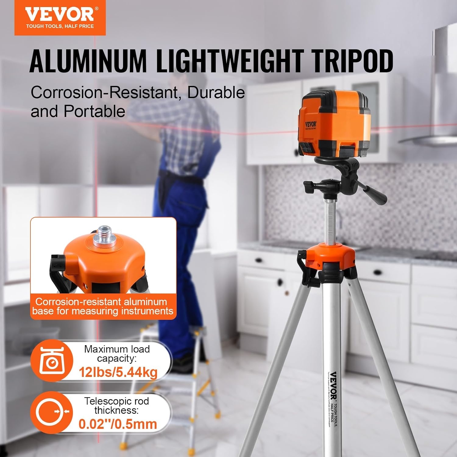 image:imageVEVOR Laser Level Tripod Stand 5811 Thread Mount 450711437 inch Height Adjustment Heavy Duty Survey Tripod with Level Bubble amp Diffusion Limiter Liftable NonSkid Feet for ConstructionRetractable Legslightweight