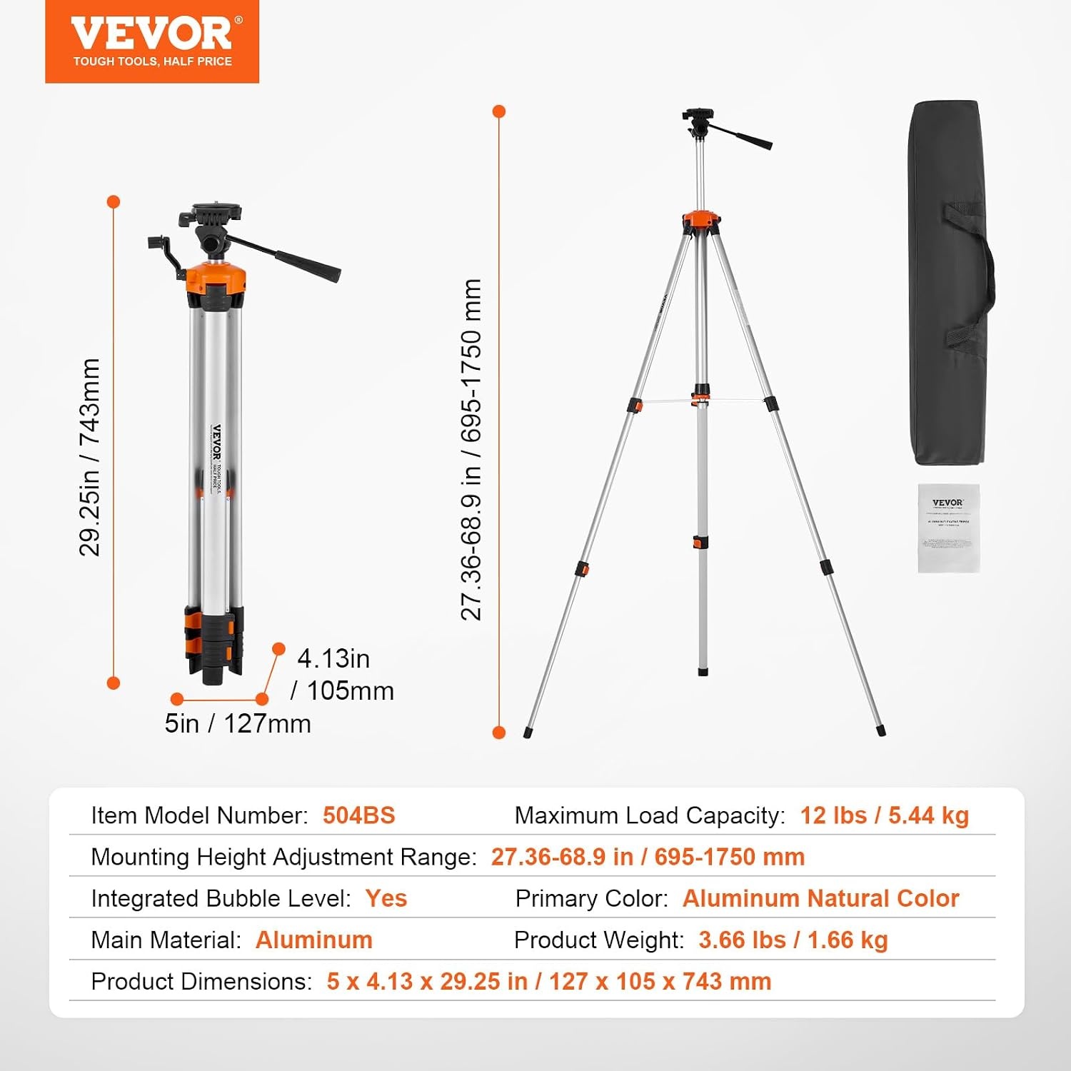 image:imageVEVOR Laser Level Tripod Stand 5811 Thread Mount 450711437 inch Height Adjustment Heavy Duty Survey Tripod with Level Bubble amp Diffusion Limiter Liftable NonSkid Feet for ConstructionRetractable Legslightweight