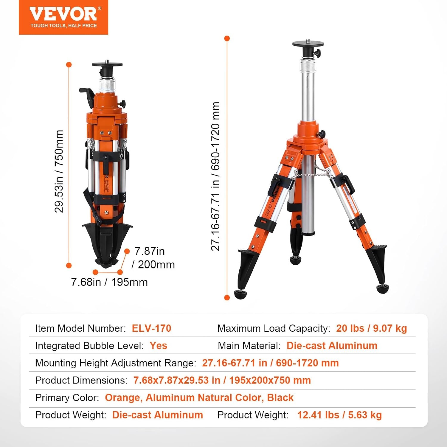 image:imageVEVOR Laser Level Tripod Stand 5811 Thread Mount 450711437 inch Height Adjustment Heavy Duty Survey Tripod with Level Bubble amp Diffusion Limiter Liftable NonSkid Feet for ConstructionLiftableprofessional
