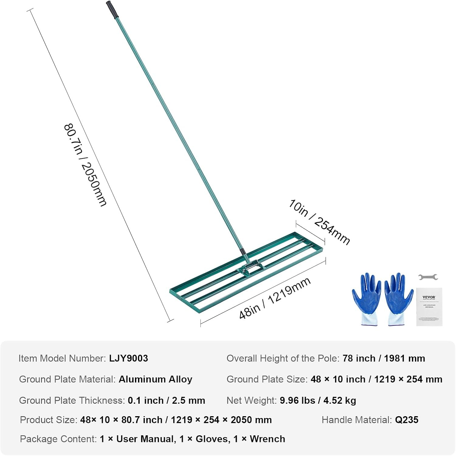 image:imageVEVOR Lawn Leveling Rake 30 x10 Level Lawn Tool HeavyDuty Lawn Leveler with 78 Steel Extended Handle Yard Leveling Rake Suit for Garden Golf Lawn Farm Green48x10