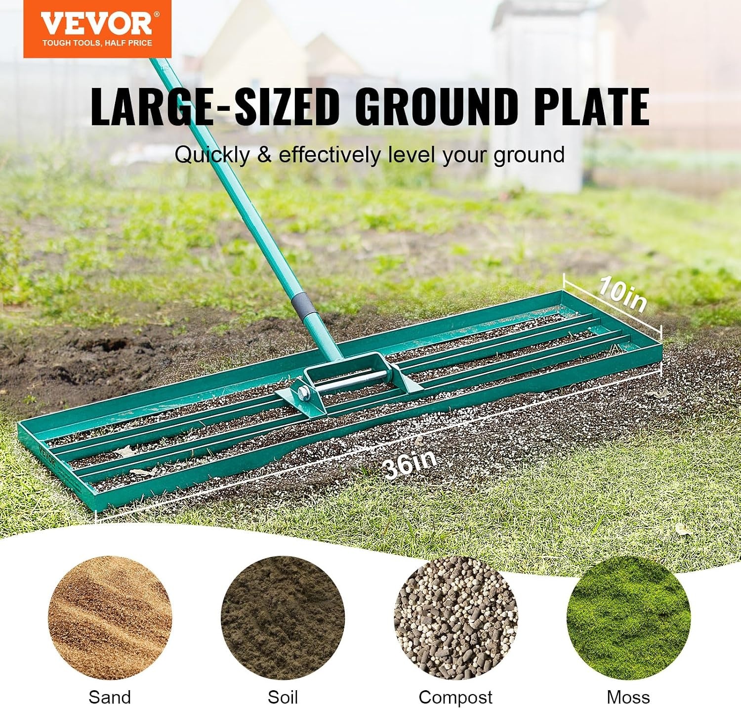 image:imageVEVOR Lawn Leveling Rake 30 x10 Level Lawn Tool HeavyDuty Lawn Leveler with 78 Steel Extended Handle Yard Leveling Rake Suit for Garden Golf Lawn Farm Green36x10