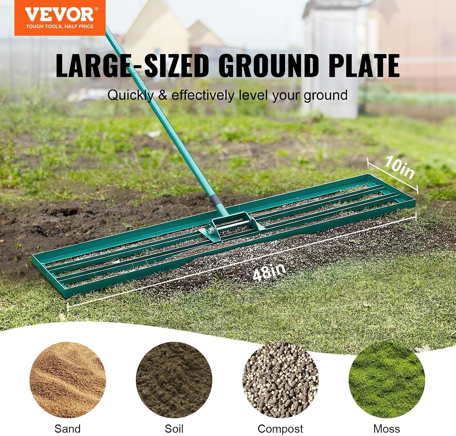 image:imageVEVOR Lawn Leveling Rake 30 x10 Level Lawn Tool HeavyDuty Lawn Leveler with 78 Steel Extended Handle Yard Leveling Rake Suit for Garden Golf Lawn Farm Green48x10
