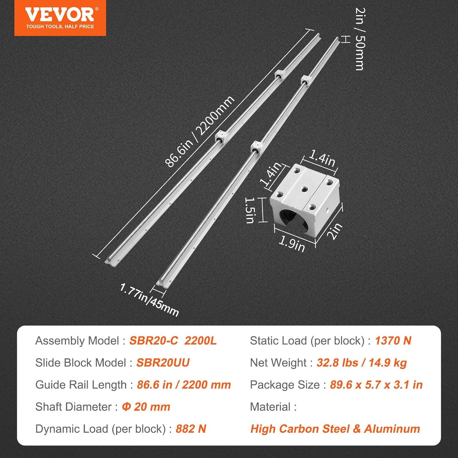 image:imageVEVOR Linear Rail 2 PCS SBR 202200mm Linear Guideway Rail and 4 PCS SBR20UU Square Type Carriage Bearing Blocks Linear Guide Rails for Automated Machines Equipments and DIY CNC Routers