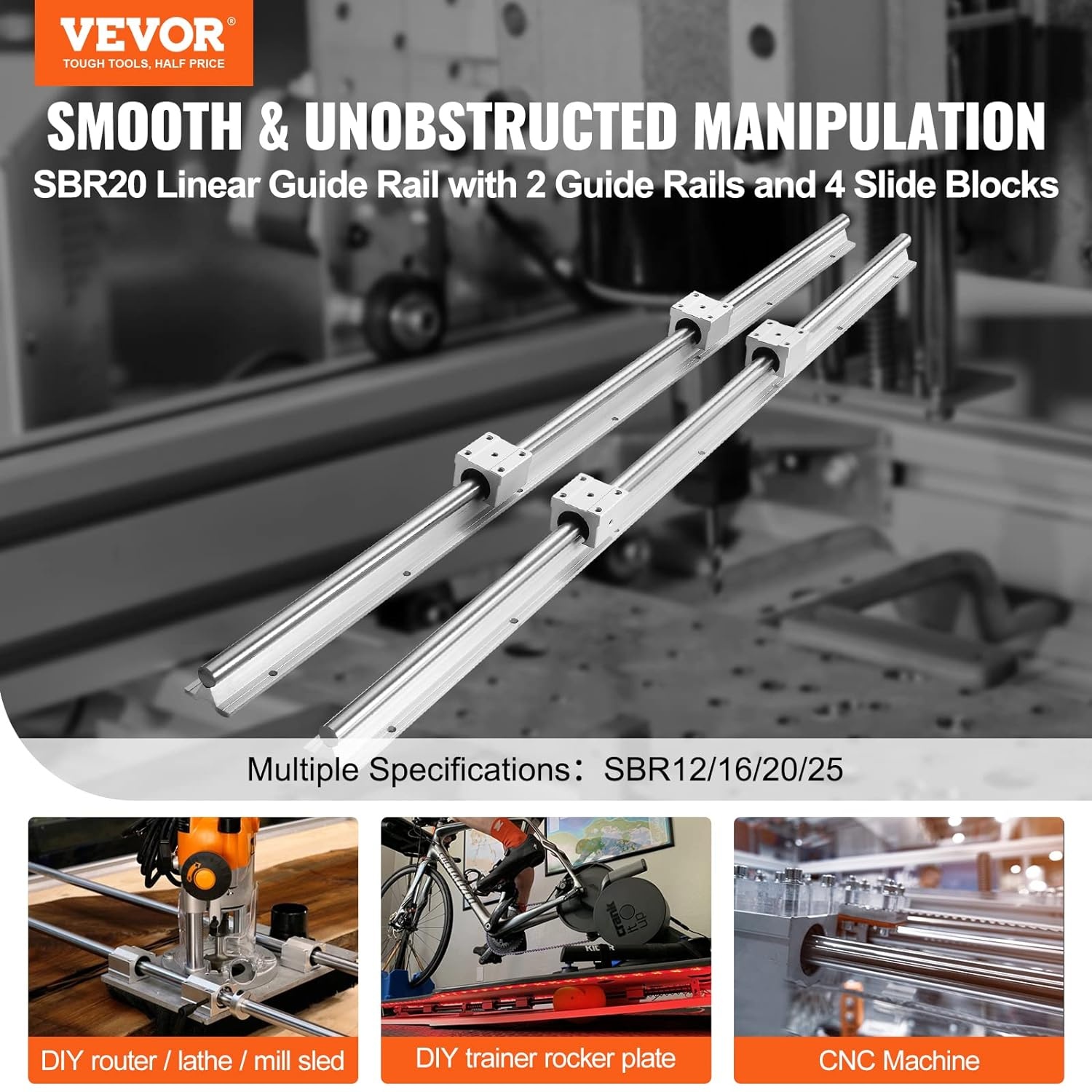 image:imageVEVOR Linear Rail 2 Set SBR201000mm Linear Slide Rail and 4 PCS SBR20UU Bearing Block Linear Slide Guide for Automated Machines and Equipments