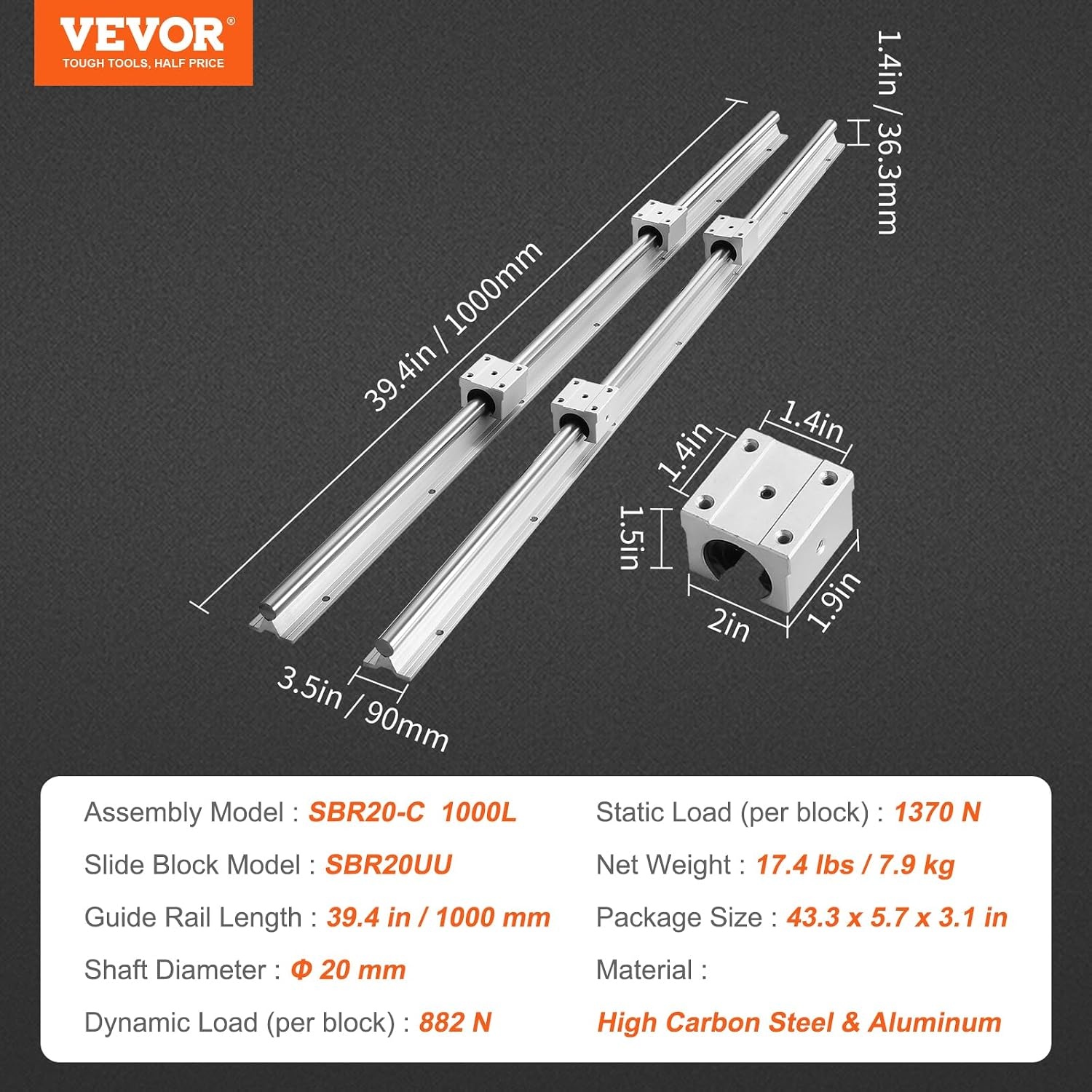 image:imageVEVOR Linear Rail 2 Set SBR201000mm Linear Slide Rail and 4 PCS SBR20UU Bearing Block Linear Slide Guide for Automated Machines and Equipments