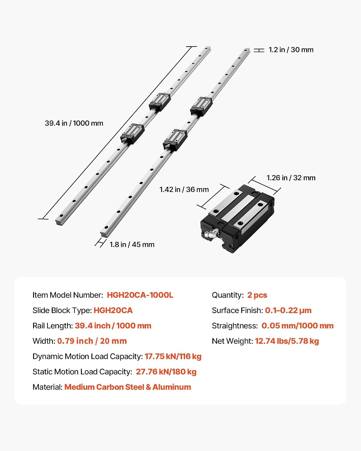image:imageVEVOR Linear Rail Guide Kit HGR20 2PCS 600 mm 2362 inch Linear Rails and 1PCS Ball Screw 4PCS Slide Blocks with BF12BK12 End Support Coupling and Nut Housing for DIY CNC Routers Lathes Linear Rail Slide HGR20600mm394 x 18 x 12 in