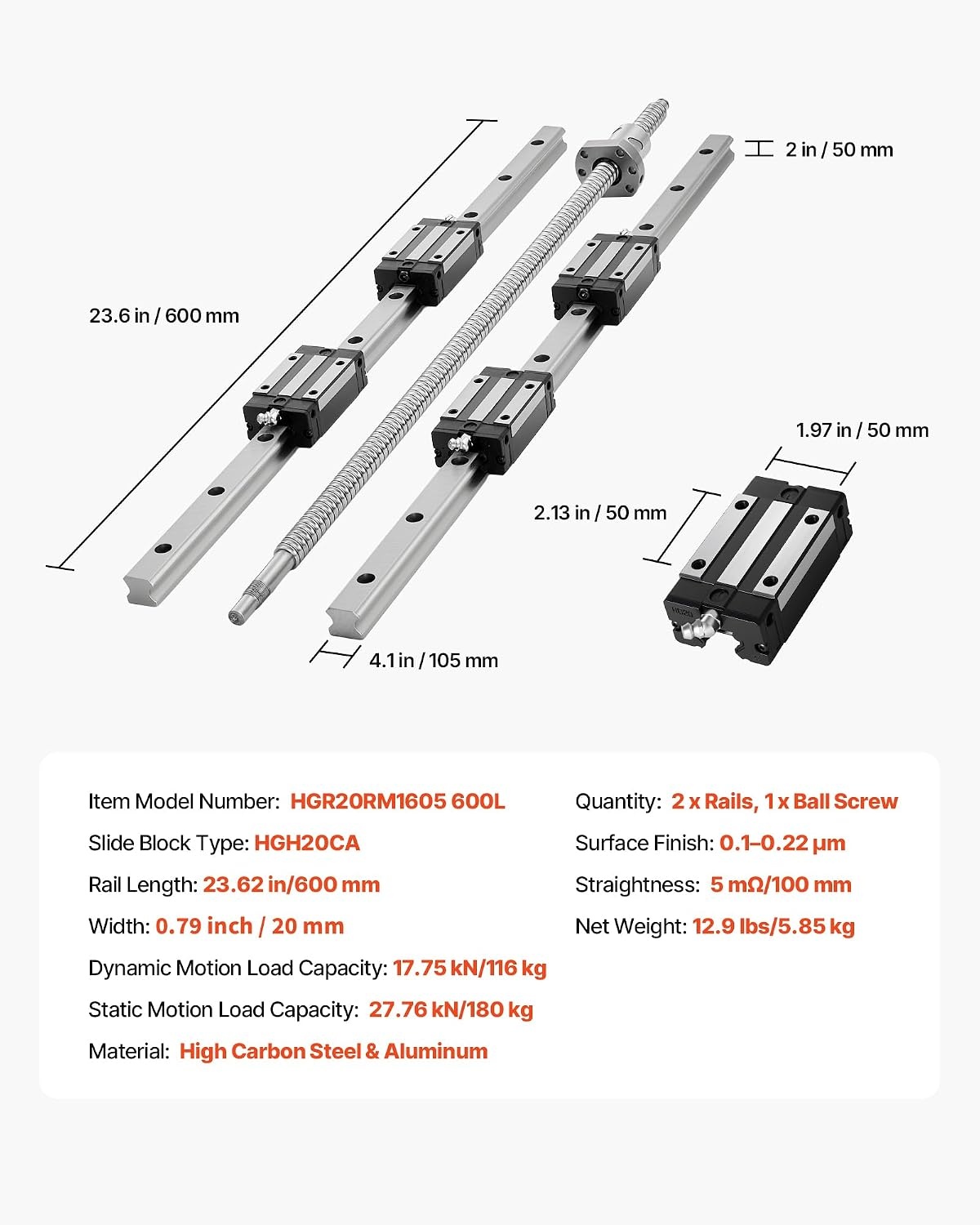 image:imageVEVOR Linear Rail Guide Kit HGR20 2PCS 600 mm 2362 inch Linear Rails and 1PCS Ball Screw 4PCS Slide Blocks with BF12BK12 End Support Coupling and Nut Housing for DIY CNC Routers Lathes Linear Rail Slide HGR20600mm236 x 41 x 2 in