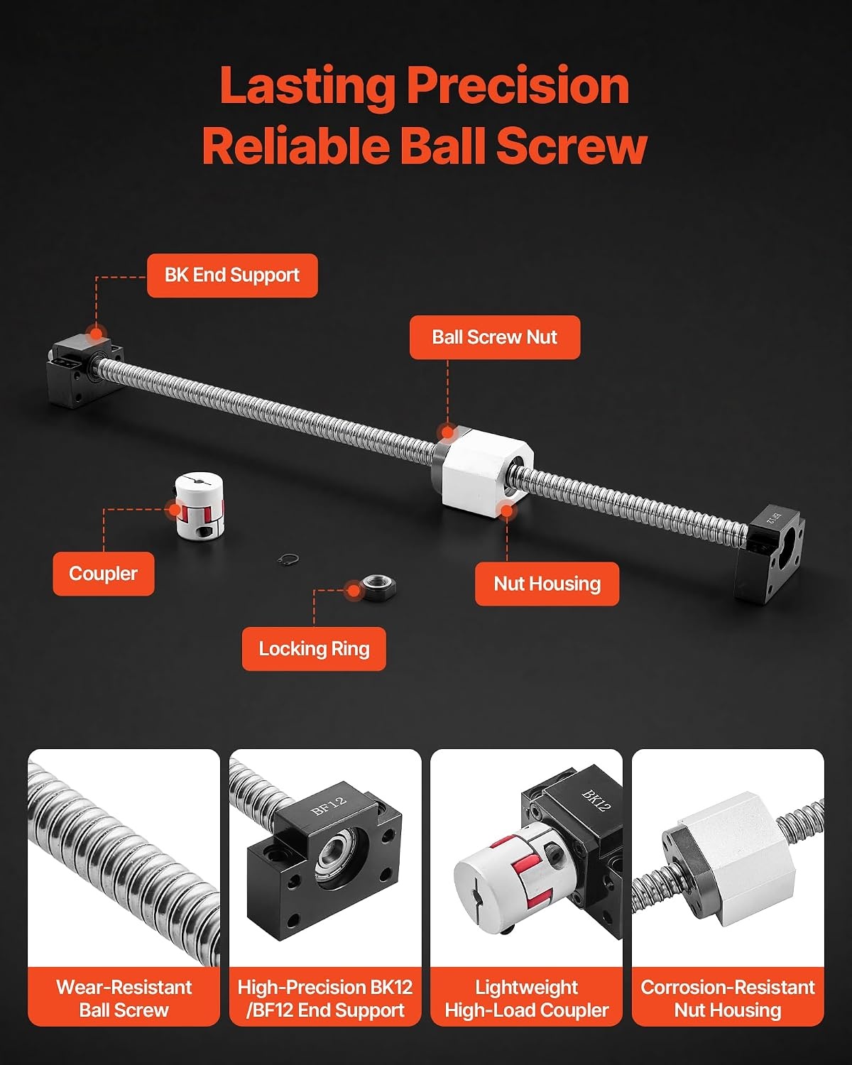 image:imageVEVOR Linear Rail Guide Kit HGR20 2PCS 600 mm 2362 inch Linear Rails and 1PCS Ball Screw 4PCS Slide Blocks with BF12BK12 End Support Coupling and Nut Housing for DIY CNC Routers Lathes Linear Rail Slide HGR20600mm236 x 41 x 2 in