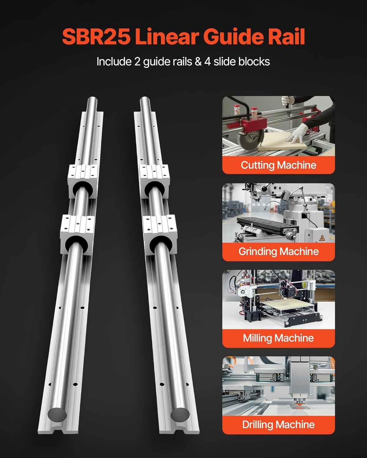 image:imageVEVOR Linear Rail Kit SBR25 2Pcs 1200 mm 4724 inch Linear Motion Guide Rails and 4Pcs Bearing Slide Blocks Fully Supported Shaft for Cutting Grinding Milling Drilling Machines and More