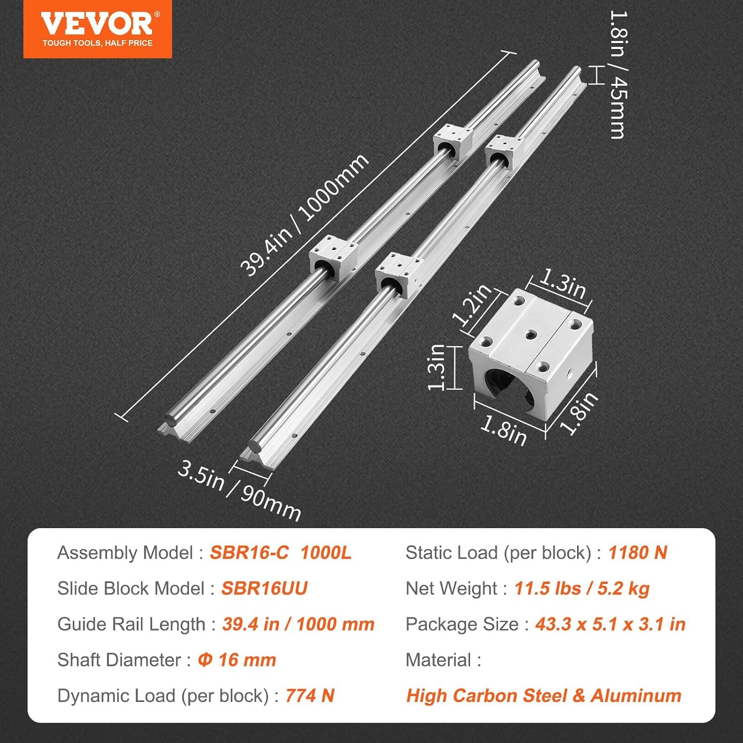 image:imageVEVOR Linear Rail Slide SBR161000mm 2 PCS and 4 PCS SBR16UU Slide Blocks Linear Guide Rail and Bearings Kit for Automated Machines DIY Project CNC Router Machines