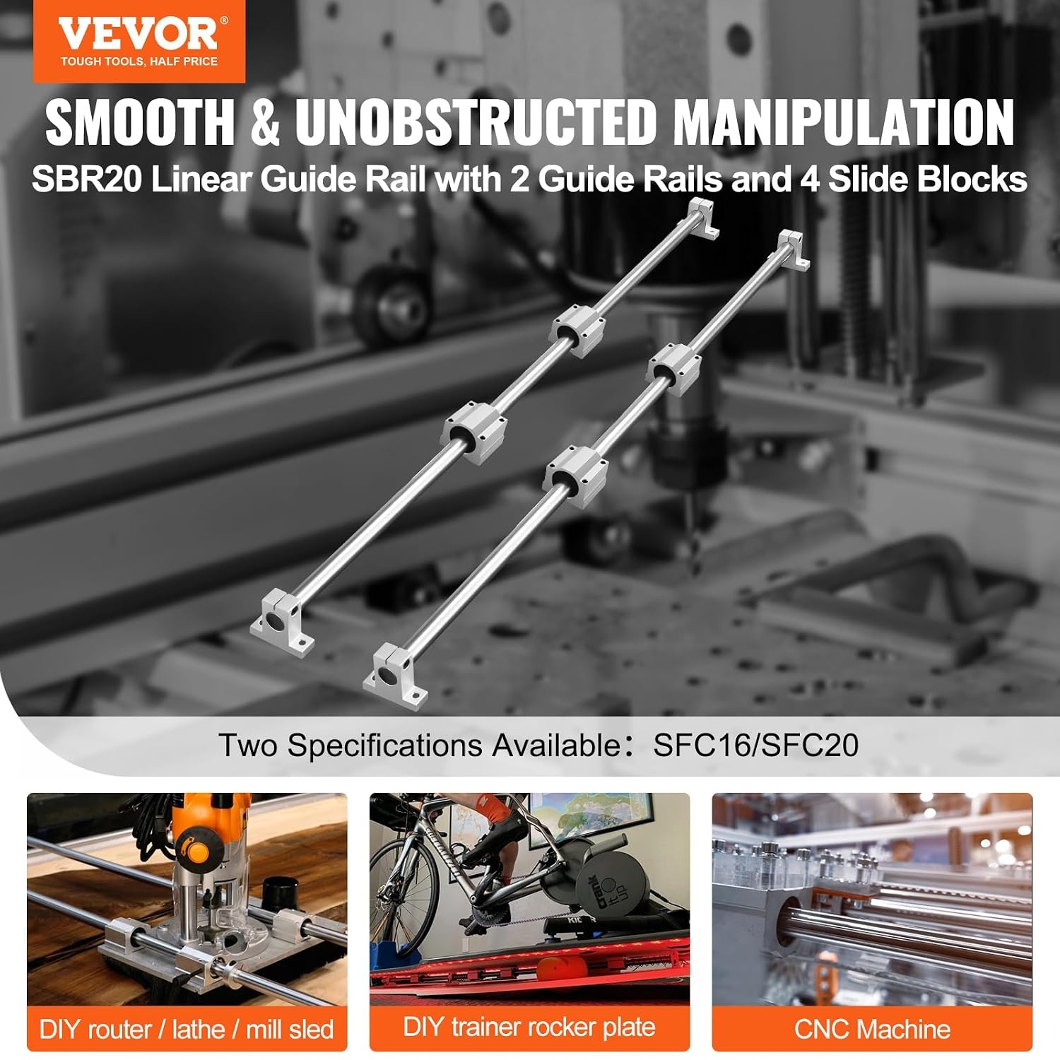 image:imageVEVOR Linear Rail Slide SFC201000mm 2 PCS 394 in1000mm SFC20 Guide Rails 4 PCS SC20 Slide Blocks 4 PCS Rail Supports Linear Rails and Bearings Kit for Automated Machines CNC DIY Project