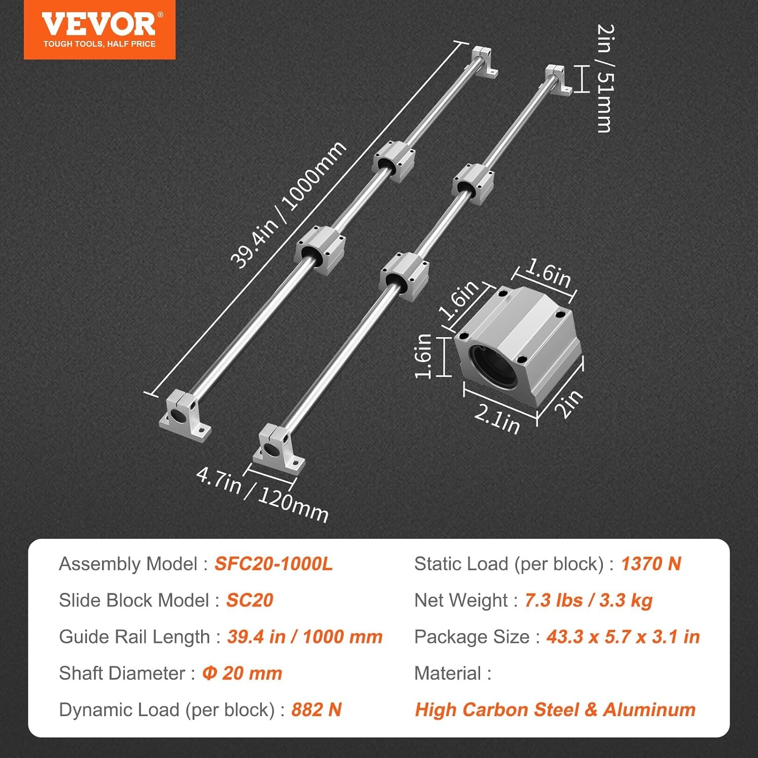 image:imageVEVOR Linear Rail Slide SFC201000mm 2 PCS 394 in1000mm SFC20 Guide Rails 4 PCS SC20 Slide Blocks 4 PCS Rail Supports Linear Rails and Bearings Kit for Automated Machines CNC DIY Project