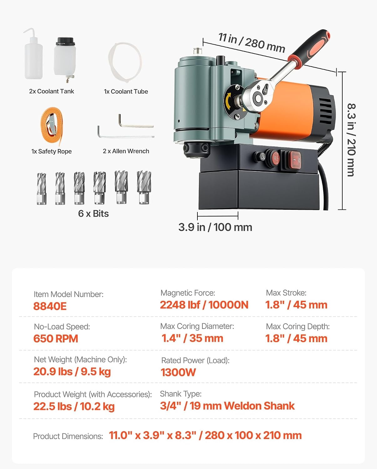 image:imageVEVOR Low Profile Magnetic Drill Press 1300W Mag Drill Light Weight Portable Mag Drilling Machine with Cooling Device and Overload Protection Mag Press for Equipment Installation Industrial For Equipment Installation Efficient Lightweight Portable with Ergonomic Handle Cooling Device and Overload ProtectionW 138 6PCS Low