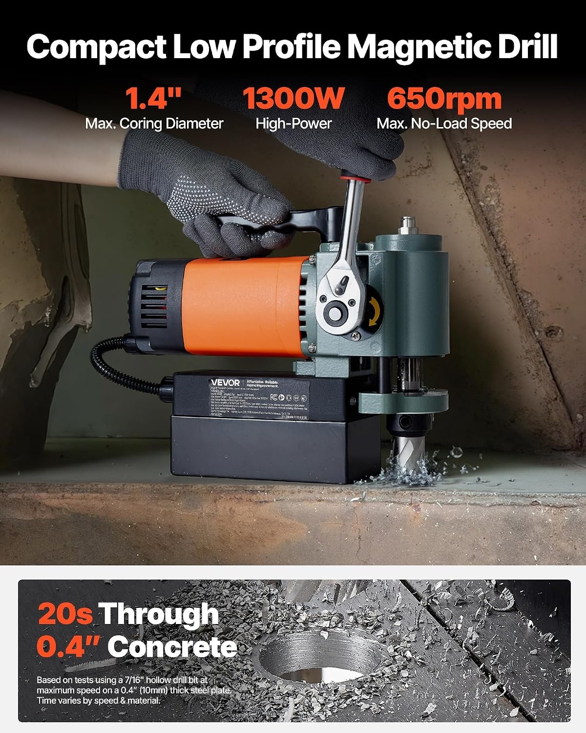 image:imageVEVOR Low Profile Magnetic Drill Press 1300W Mag Drill Light Weight Portable Mag Drilling Machine with Cooling Device and Overload Protection Mag Press for Equipment Installation Industrial For Equipment Installation Efficient Lightweight Portable with Ergonomic Handle Cooling Device and Overload ProtectionW 138 6PCS Low