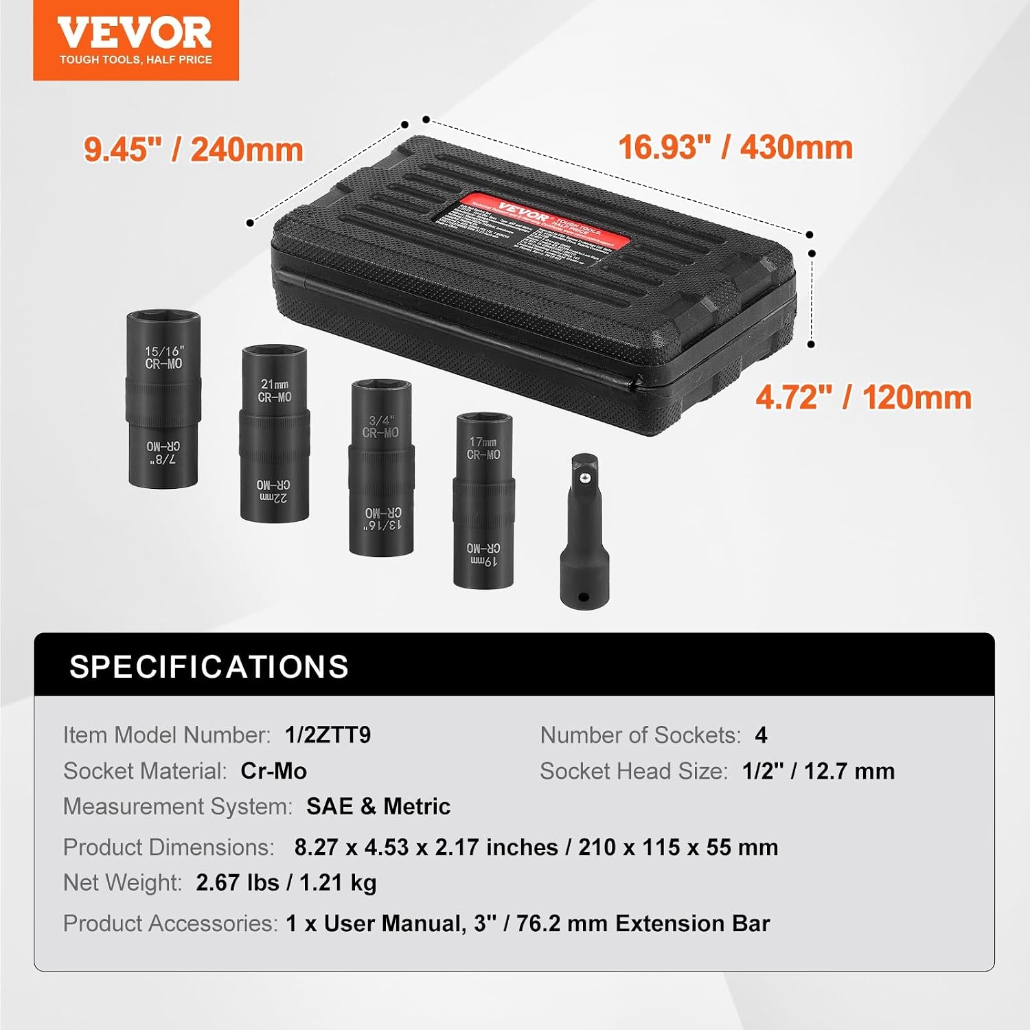 image:imageVEVOR Lug Nut Impact Socket Set 12Inch Drive 8IN4 Flip Socket Design Covers Most Commonly Used SAE amp Metric Wheel Nuts CRMO Steel8IN4 Flip Design 12 5PCS