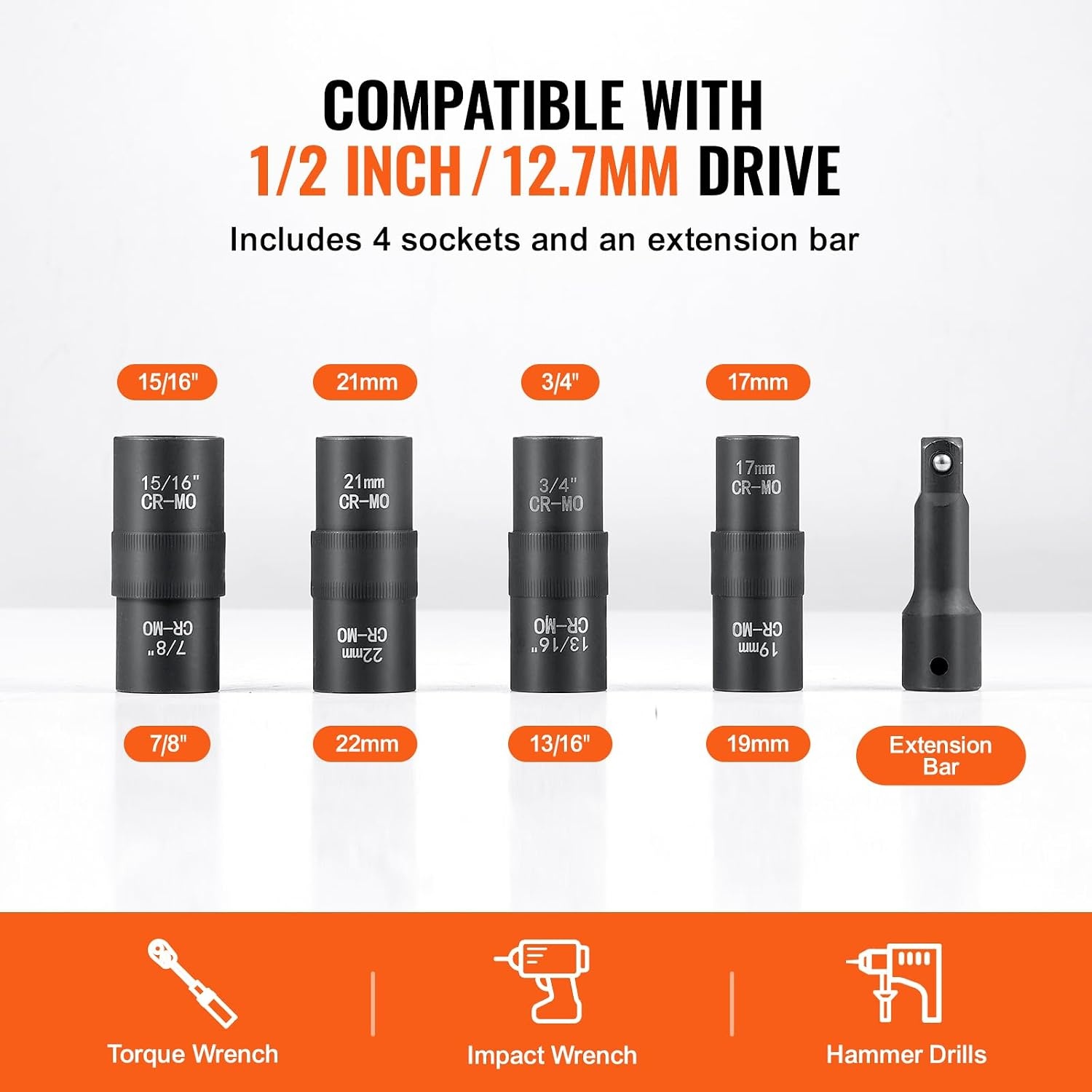 image:imageVEVOR Lug Nut Impact Socket Set 12Inch Drive 8IN4 Flip Socket Design Covers Most Commonly Used SAE amp Metric Wheel Nuts CRMO Steel8IN4 Flip Design 12 5PCS