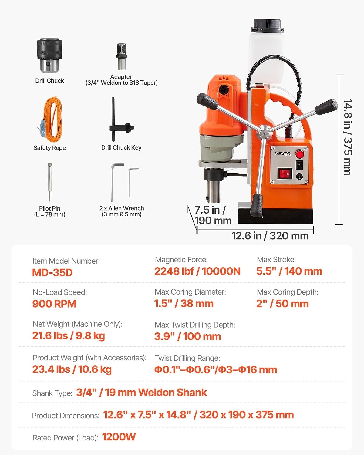 image:imageVEVOR Mag Drill Press 1200 W 15 Boring Diameter 2248 lbf Power Magnetic Drill Press 900 RPM Speed with Weldon Shank Efficient Cooling for Metal Surface Industrial and Home ImprovementW 15