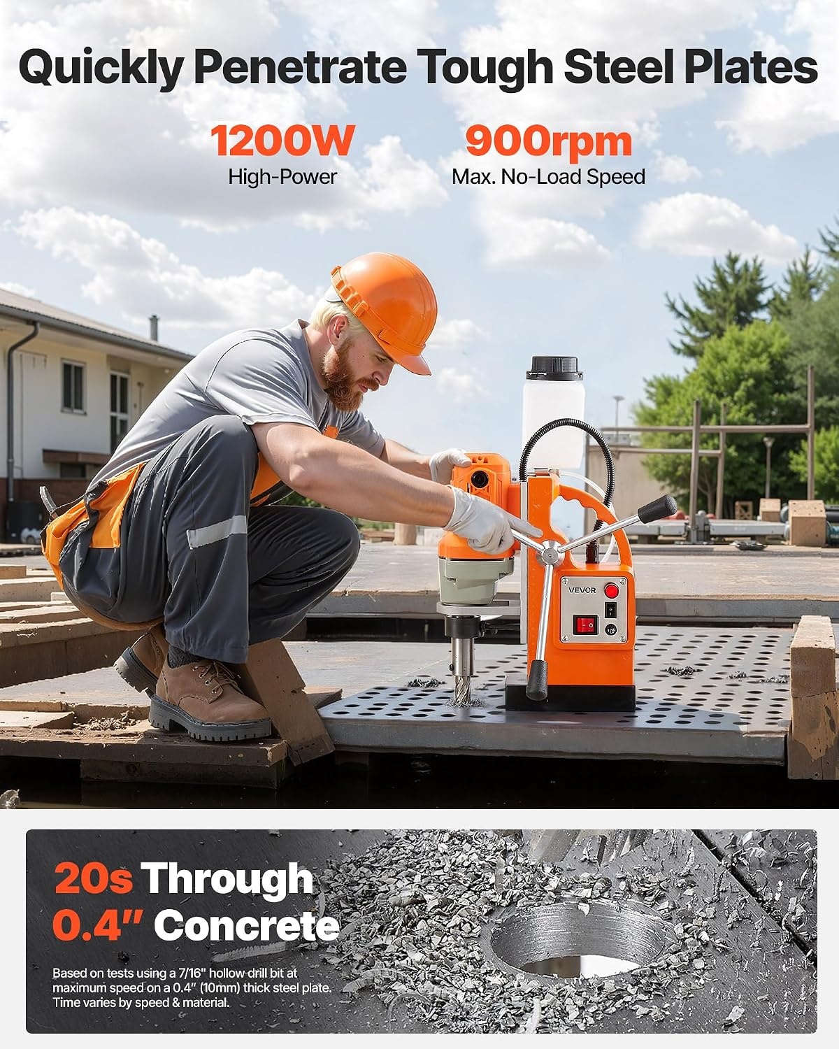 image:imageVEVOR Mag Drill Press 1200 W 15 Boring Diameter 2248 lbf Power Magnetic Drill Press 900 RPM Speed with Weldon Shank Efficient Cooling for Metal Surface Industrial and Home ImprovementW 15