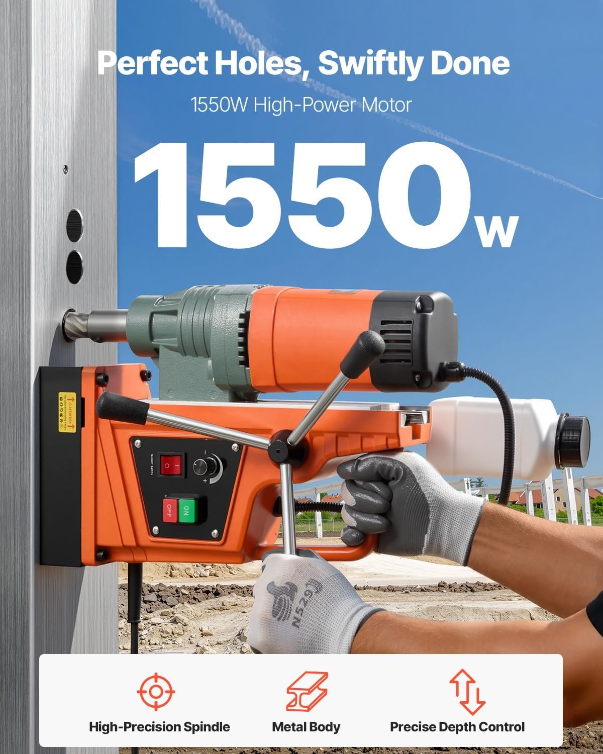 image:imageVEVOR Mag Drill Press 1300W 157 Boring Diameter 2922lbf Power Portable Magnetic Drill 810 PRM Electric Drilling Machine for Metal Surface Industrial and Home ImprovementW 2 NEW