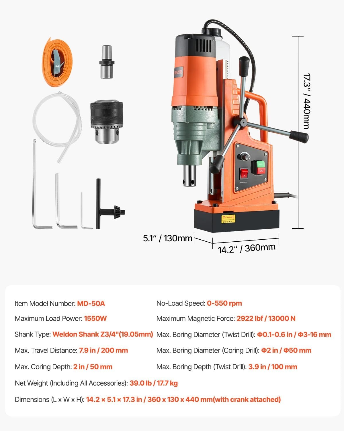 image:imageVEVOR Mag Drill Press 1300W 157 Boring Diameter 2922lbf Power Portable Magnetic Drill 810 PRM Electric Drilling Machine for Metal Surface Industrial and Home ImprovementW 2 NEW