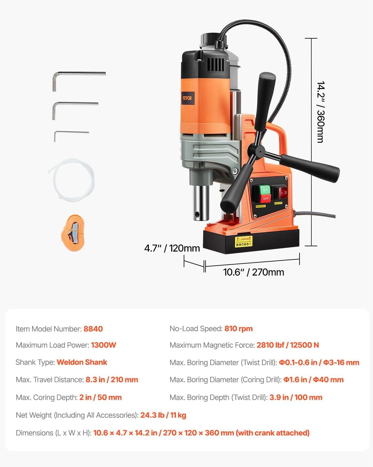 image:imageVEVOR Mag Drill Press 1300W 157 Boring Diameter 2922lbf Power Portable Magnetic Drill 810 PRM Electric Drilling Machine for Metal Surface Industrial and Home Improvementw 16