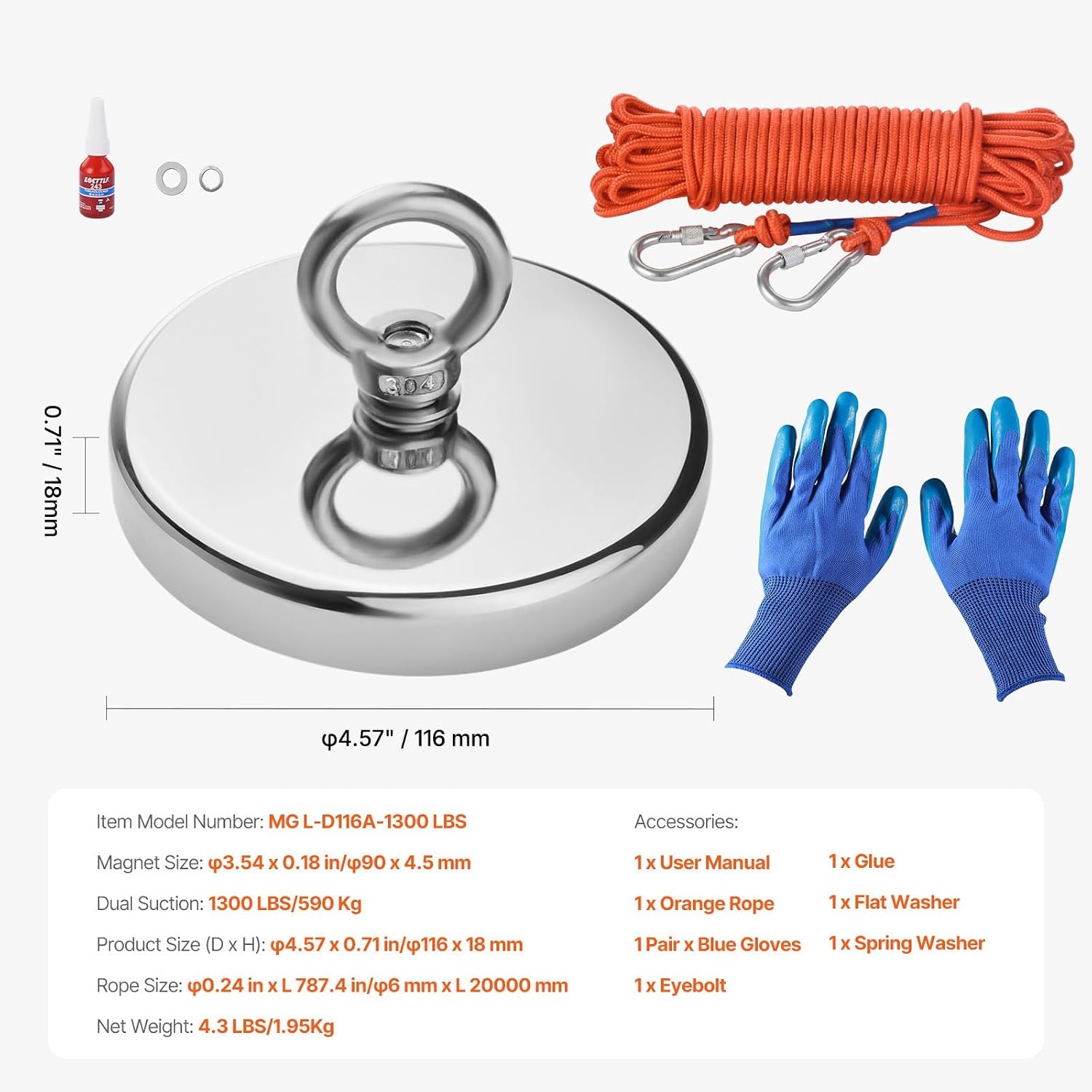 image:imageVEVOR Magnet Fishing Kit 2000 LBS907 Kg SingleSided Pulling Force Rare Earth Neodymium Magnet Includes Grappling Hook Heavy Duty Rope Gloves Eyebolt Carry Case1300 lbs Set