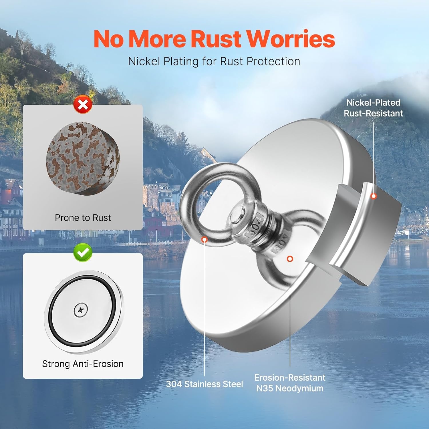 image:imageVEVOR Magnet Fishing Kit 2000 LBS907 Kg SingleSided Pulling Force Rare Earth Neodymium Magnet Includes Grappling Hook Heavy Duty Rope Gloves Eyebolt Carry Case1300 lbs Set