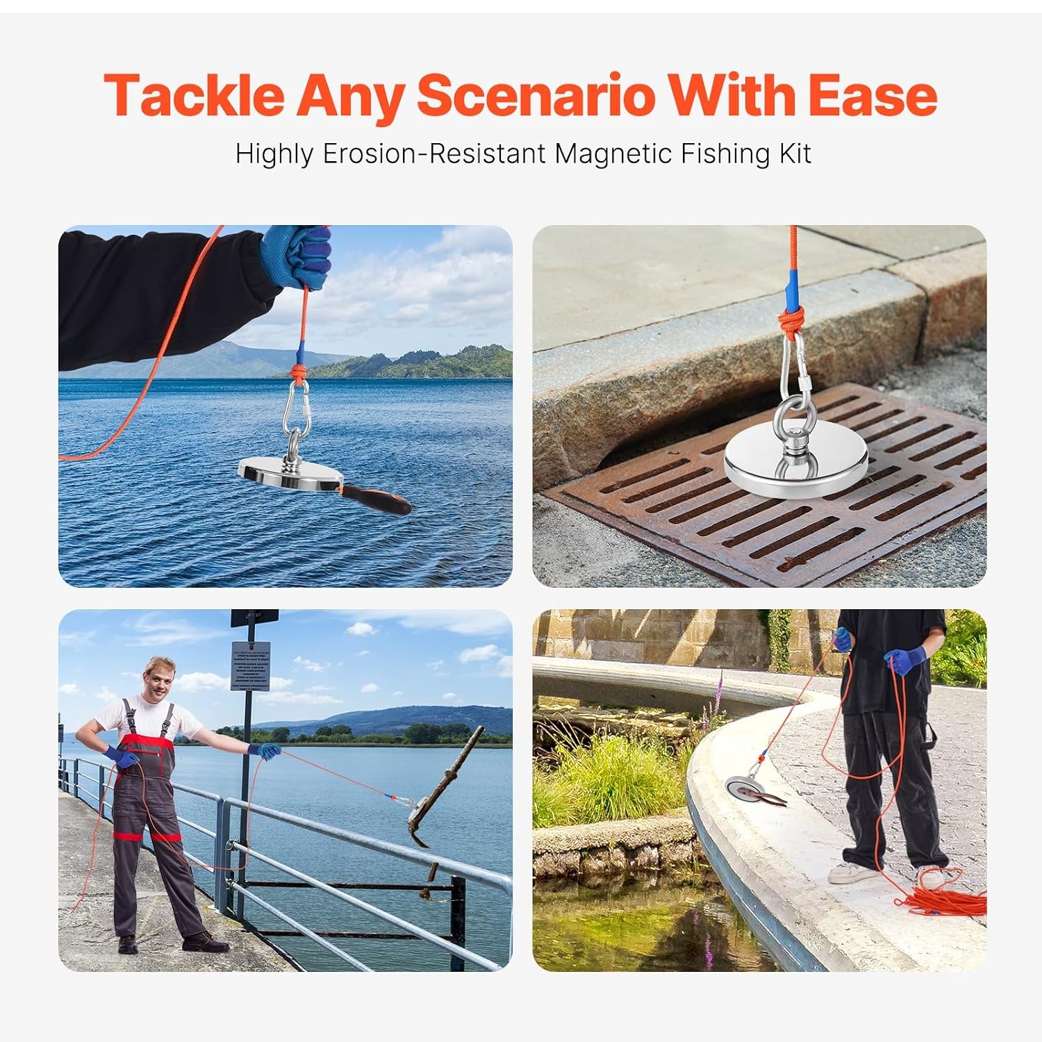 image:imageVEVOR Magnet Fishing Kit 2000 LBS907 Kg SingleSided Pulling Force Rare Earth Neodymium Magnet Includes Grappling Hook Heavy Duty Rope Gloves Eyebolt Carry Case1300 lbs Set