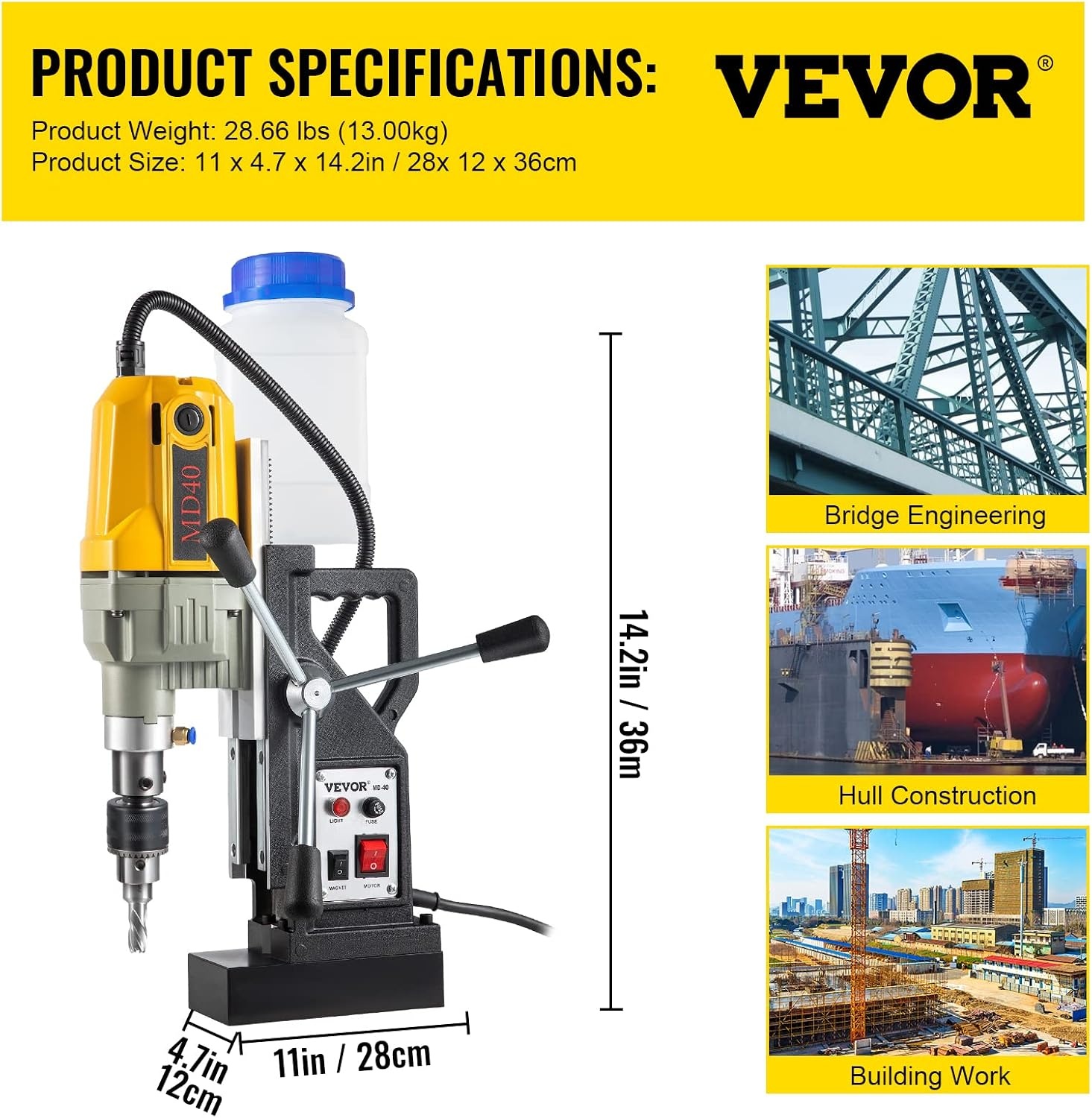 image:imageVEVOR Magnetic Drill 1100W 157 Boring Diameter 2697lbf12000N Portable Electric Mag Drill Press with 7 Bits 580 RPM Max Speed Drilling Machine for any Surface and Home Improvement7 pcs